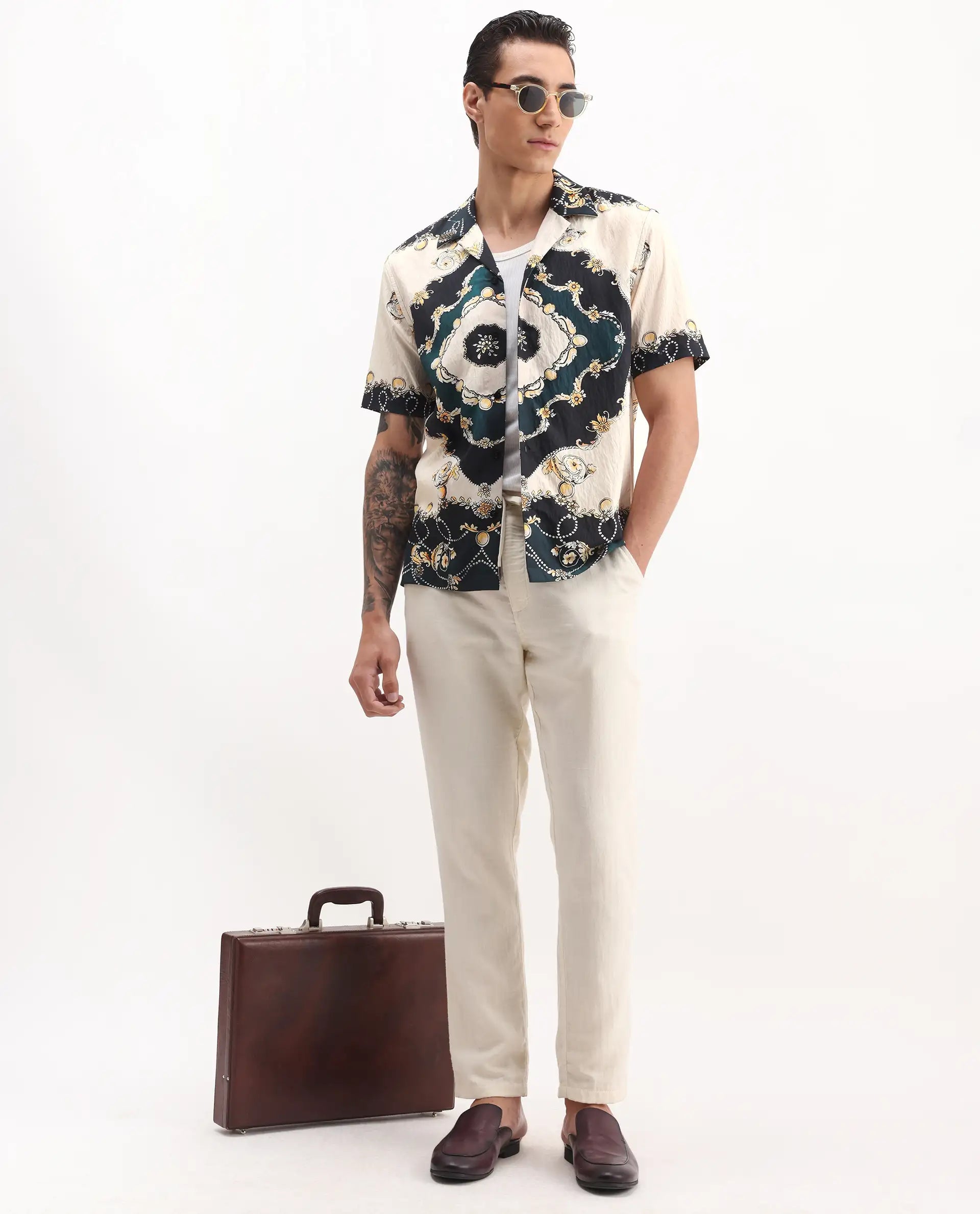 Rare Rabbit Men's Fovix Off Whte Viscose Blend Ornamental Print Relaxed Fit Half Sleeve Cuban Collar Shirt