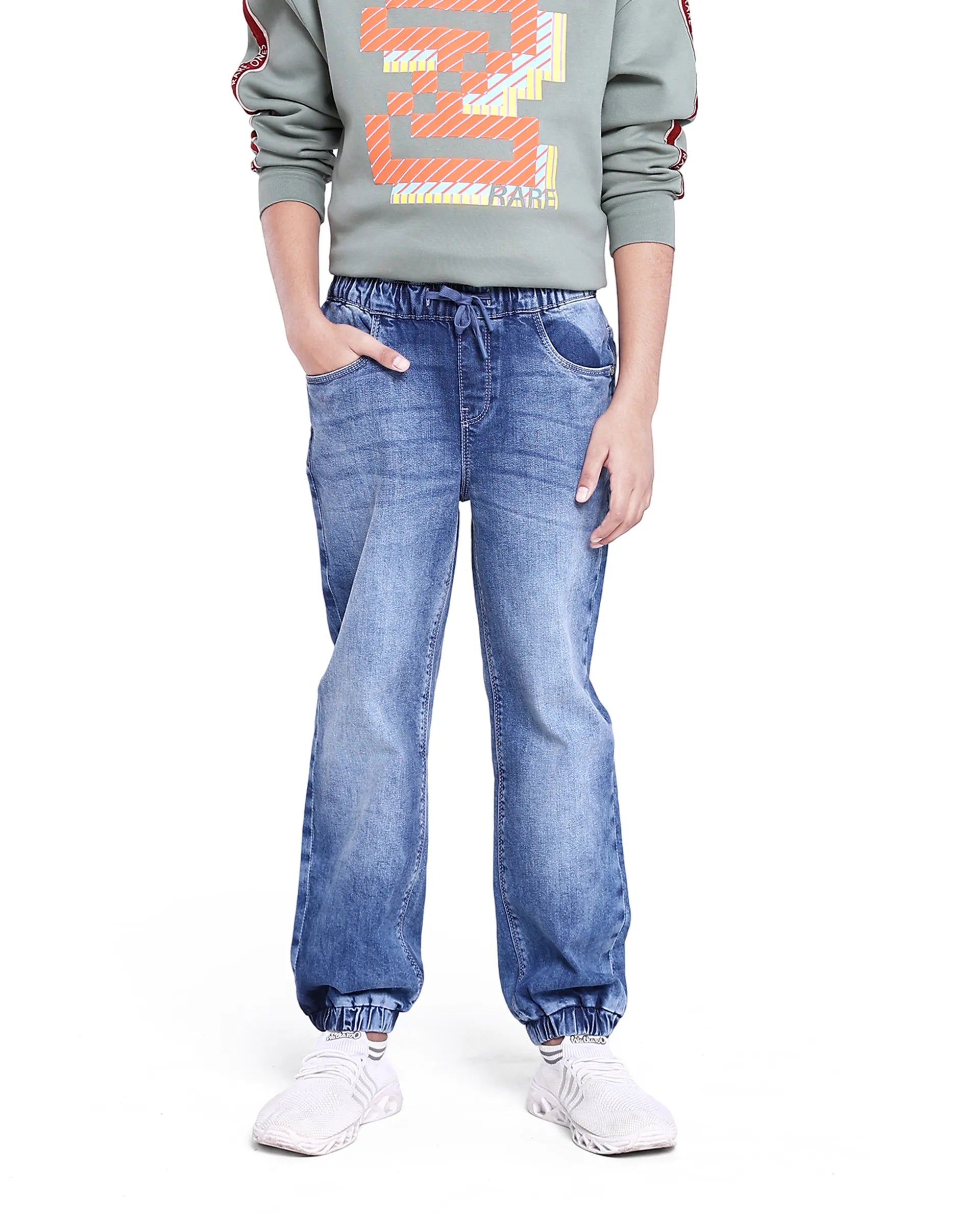 Rare Ones Kids Fox Light Blue Cotton Solid Slim Fit Denim Pant