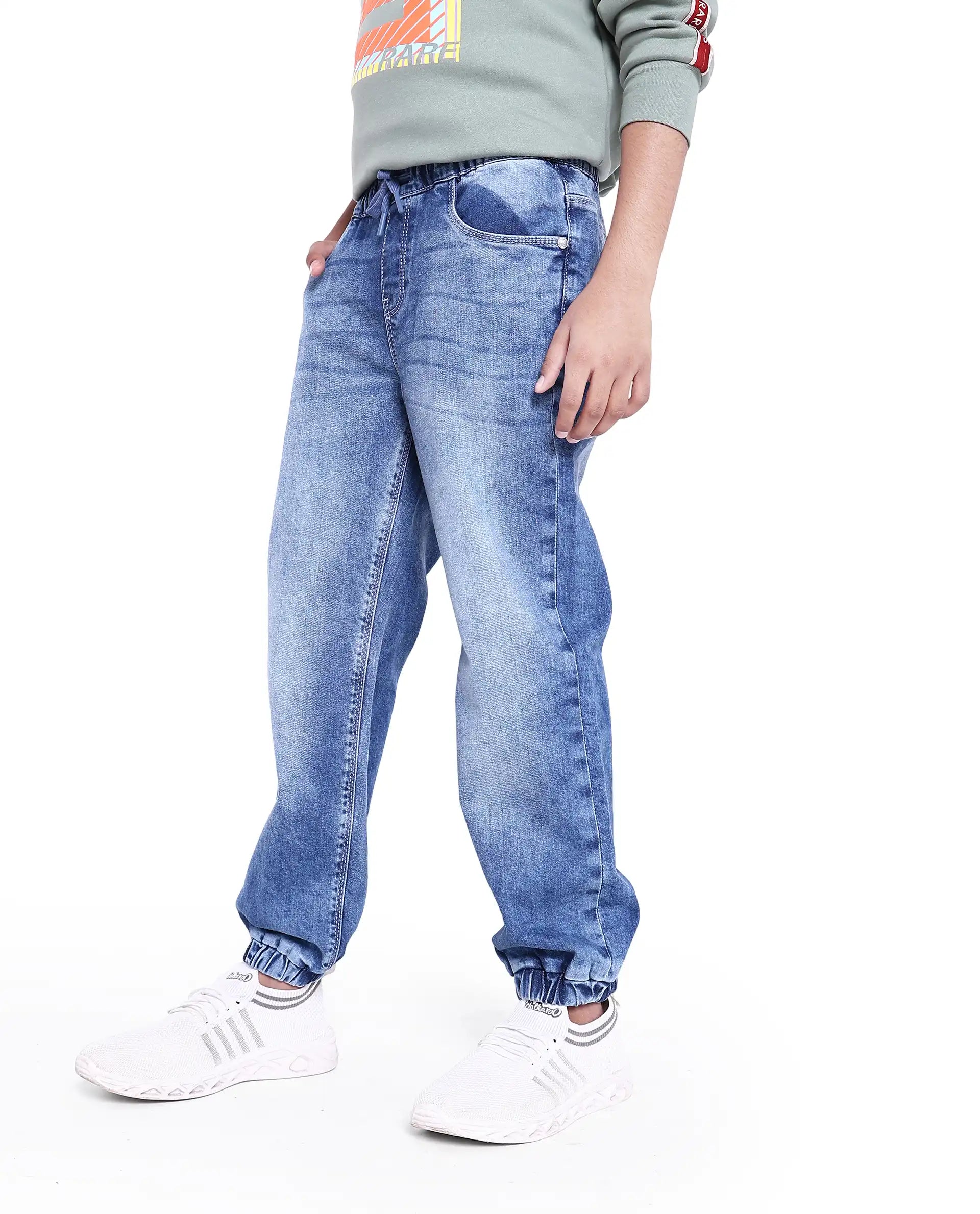 Rare Ones Kids Fox Light Blue Cotton Solid Slim Fit Denim Pant