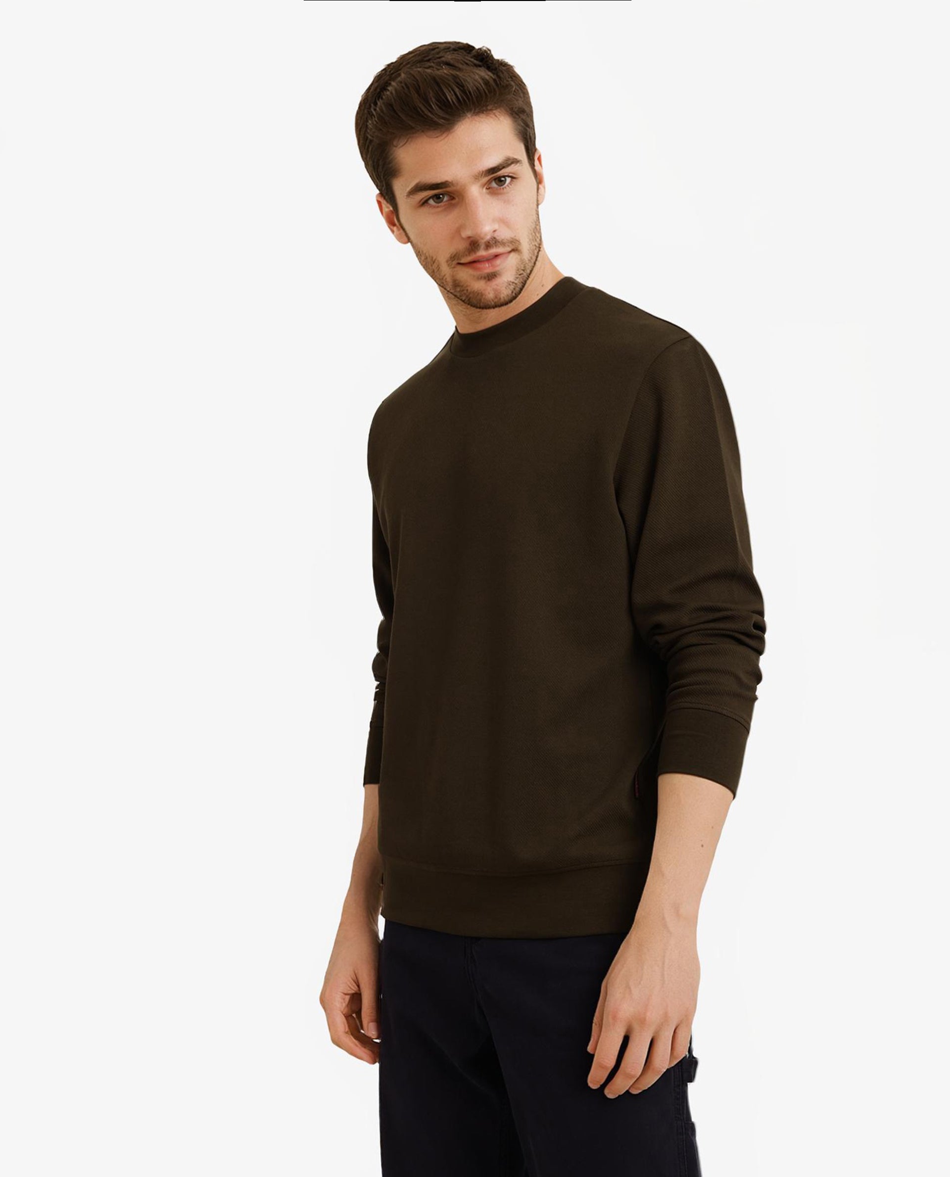 Rare Rabbit Men Foy Olive Cotton Fabric Full Sleeve Crew Neck Regular Fit Cavalry Twill Plain Sweatshirt