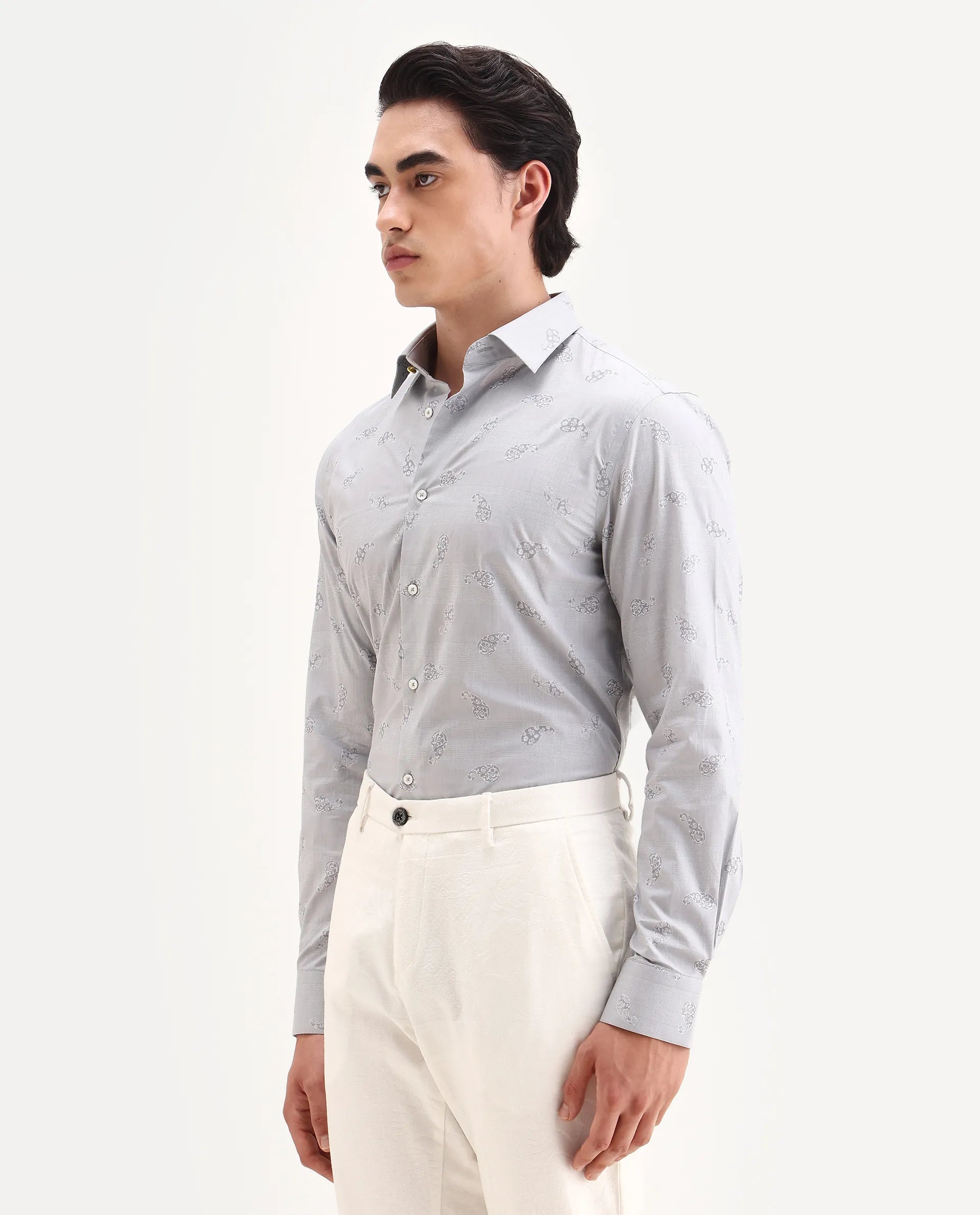 Rare Rabbit Men's Frab Grey Cotton Blend Spread Collar Regular Fit Checked Shirt