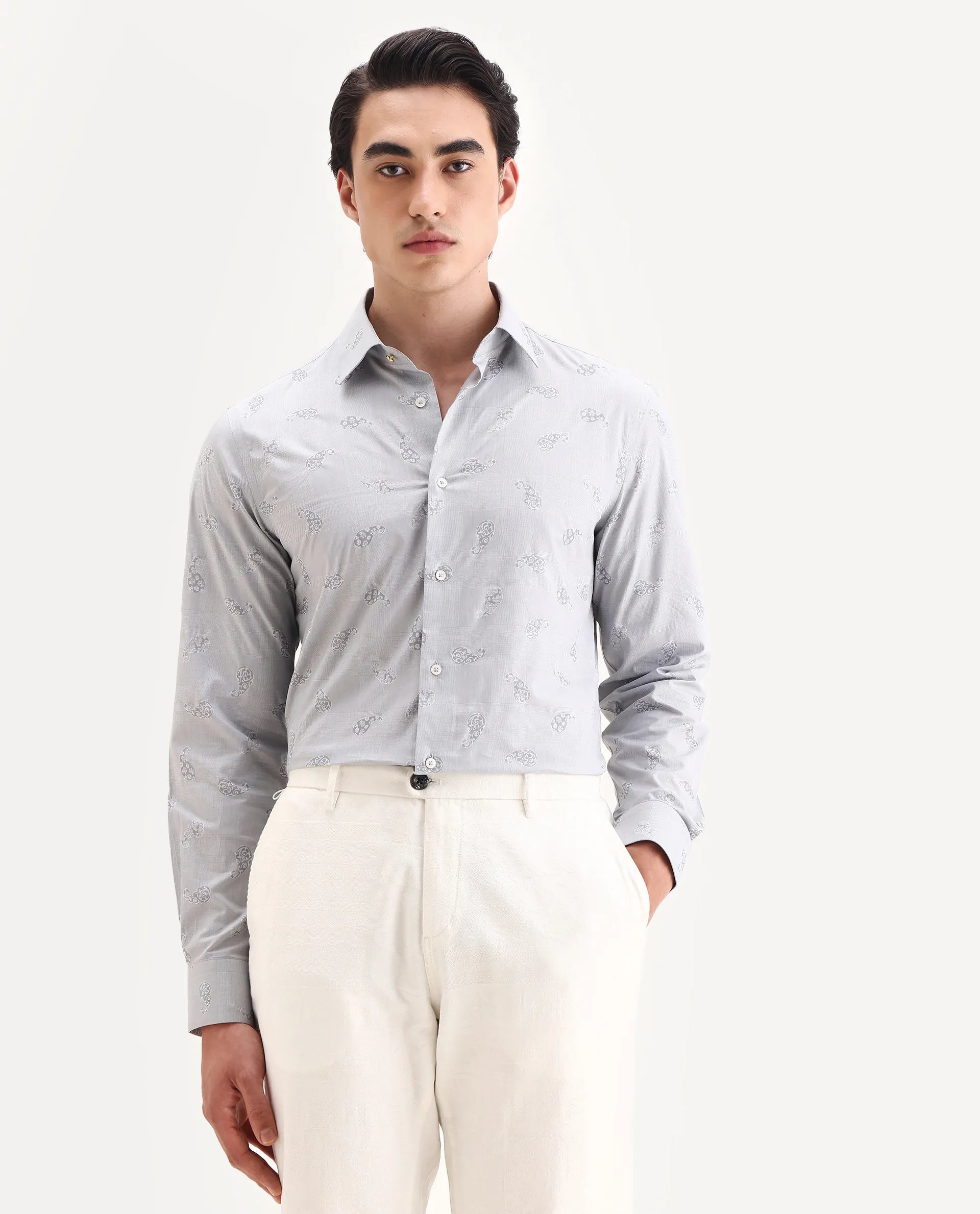 Rare Rabbit Men's Frab Grey Cotton Blend Spread Collar Regular Fit Checked Shirt