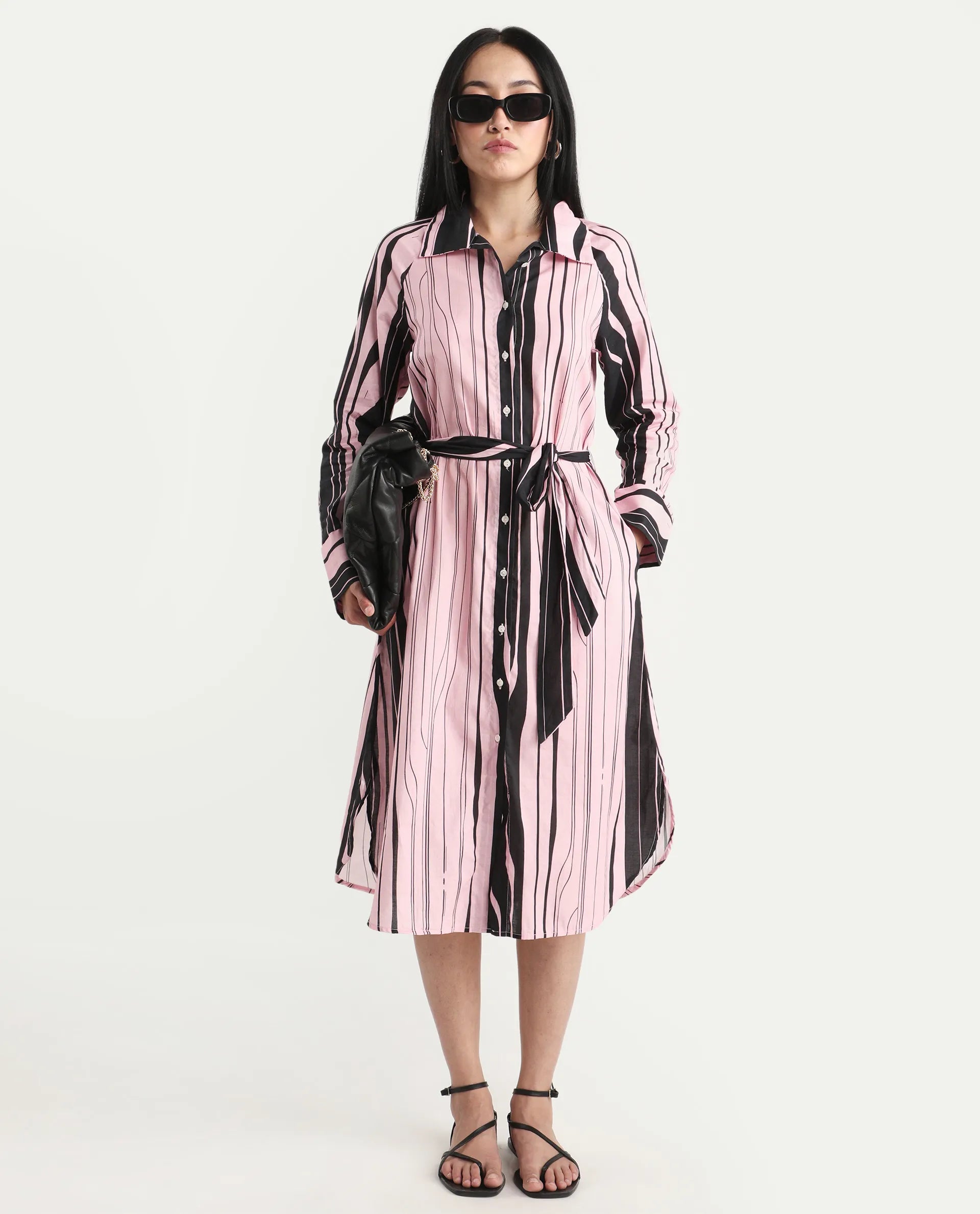 Rareism Women's Fraser Dark Pink Cotton Spread Collar Striped Cuffed Sleeve Midi Fit And Flare Dress