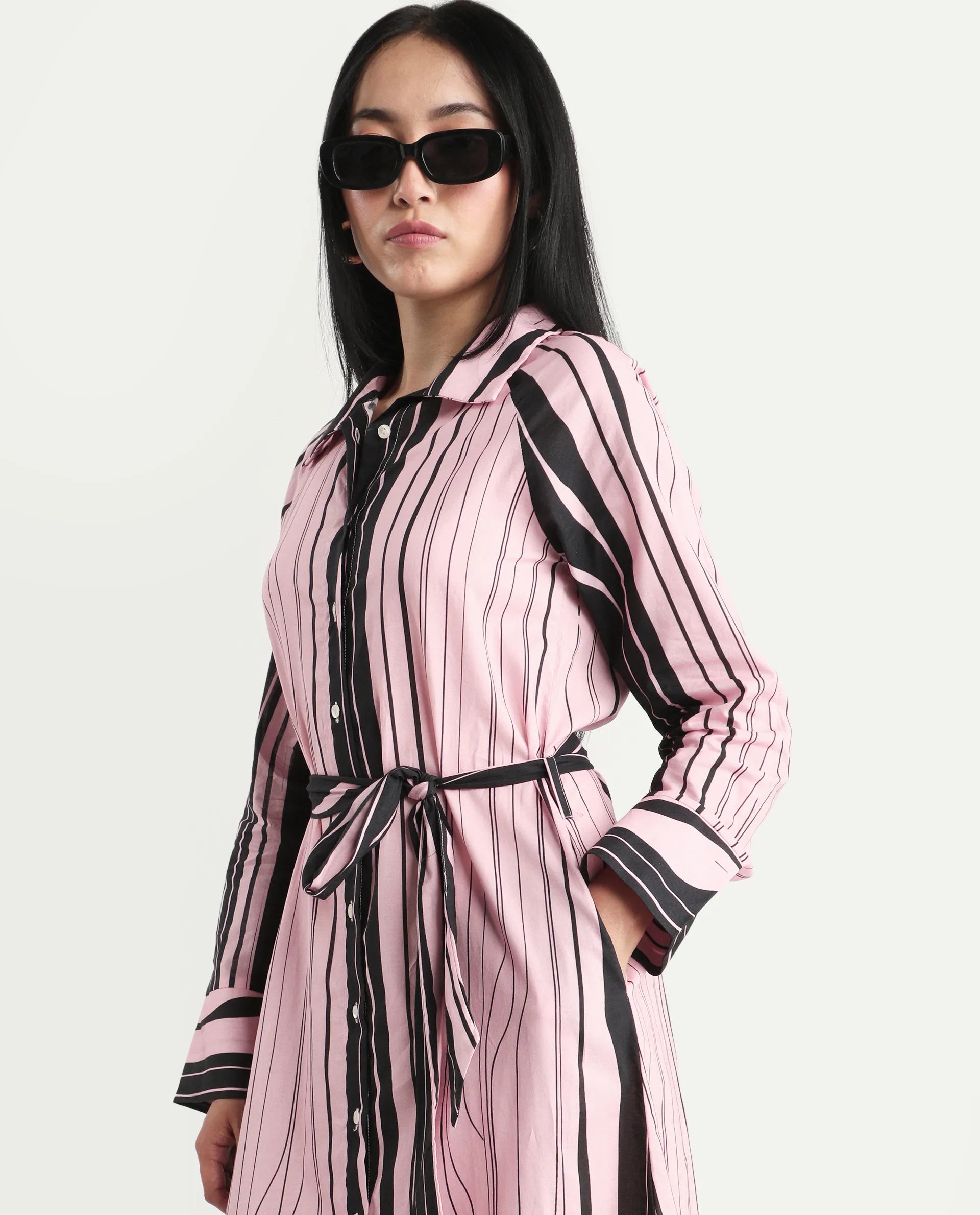 Rareism Women's Fraser Dark Pink Cotton Spread Collar Striped Cuffed Sleeve Midi Fit And Flare Dress