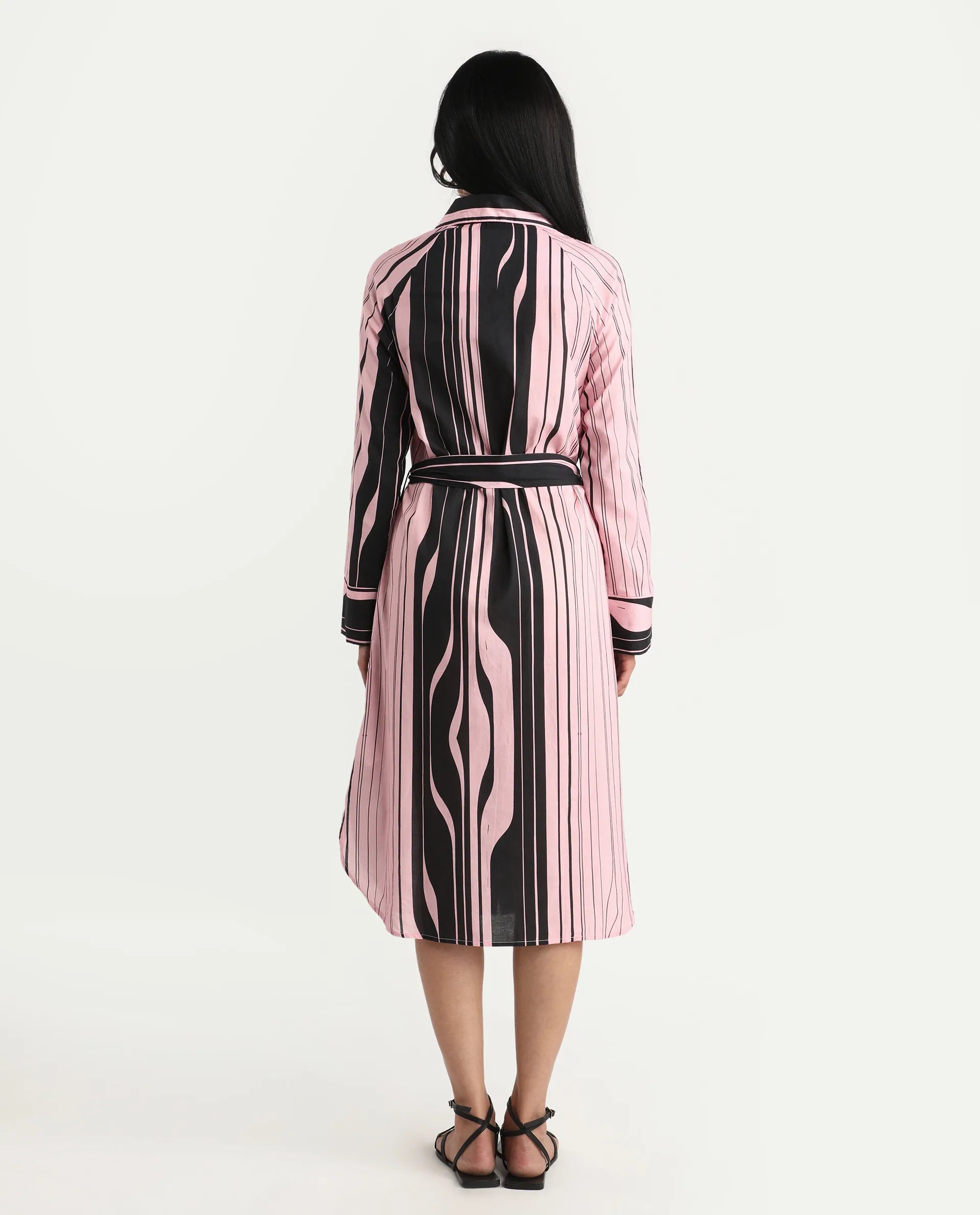Rareism Women's Fraser Dark Pink Cotton Spread Collar Striped Cuffed Sleeve Midi Fit And Flare Dress