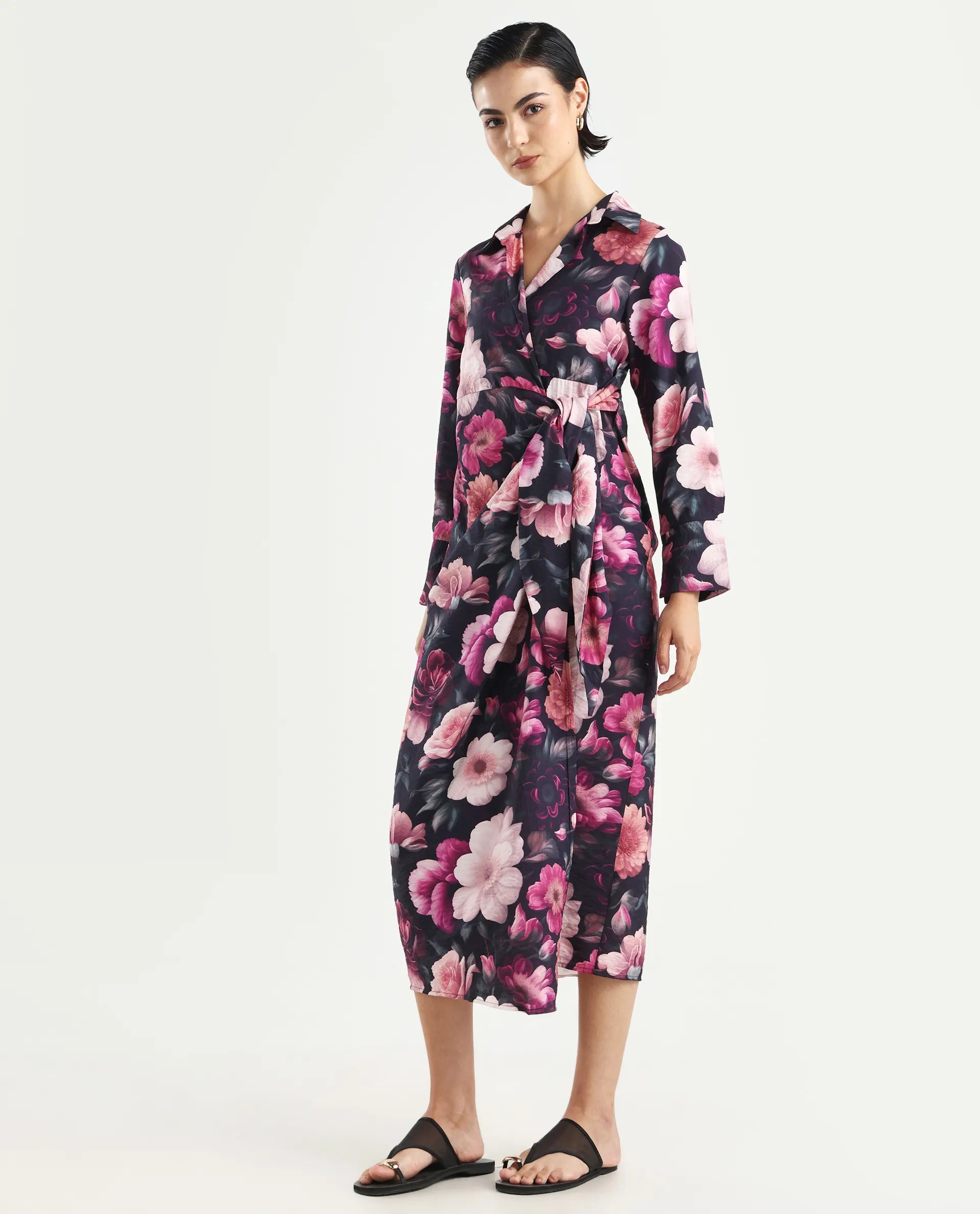 Rareism Women's Frastio Black Viscose Blend Drop Collar Floral Print Extended Sleeves Maxi Straight Fit Dress