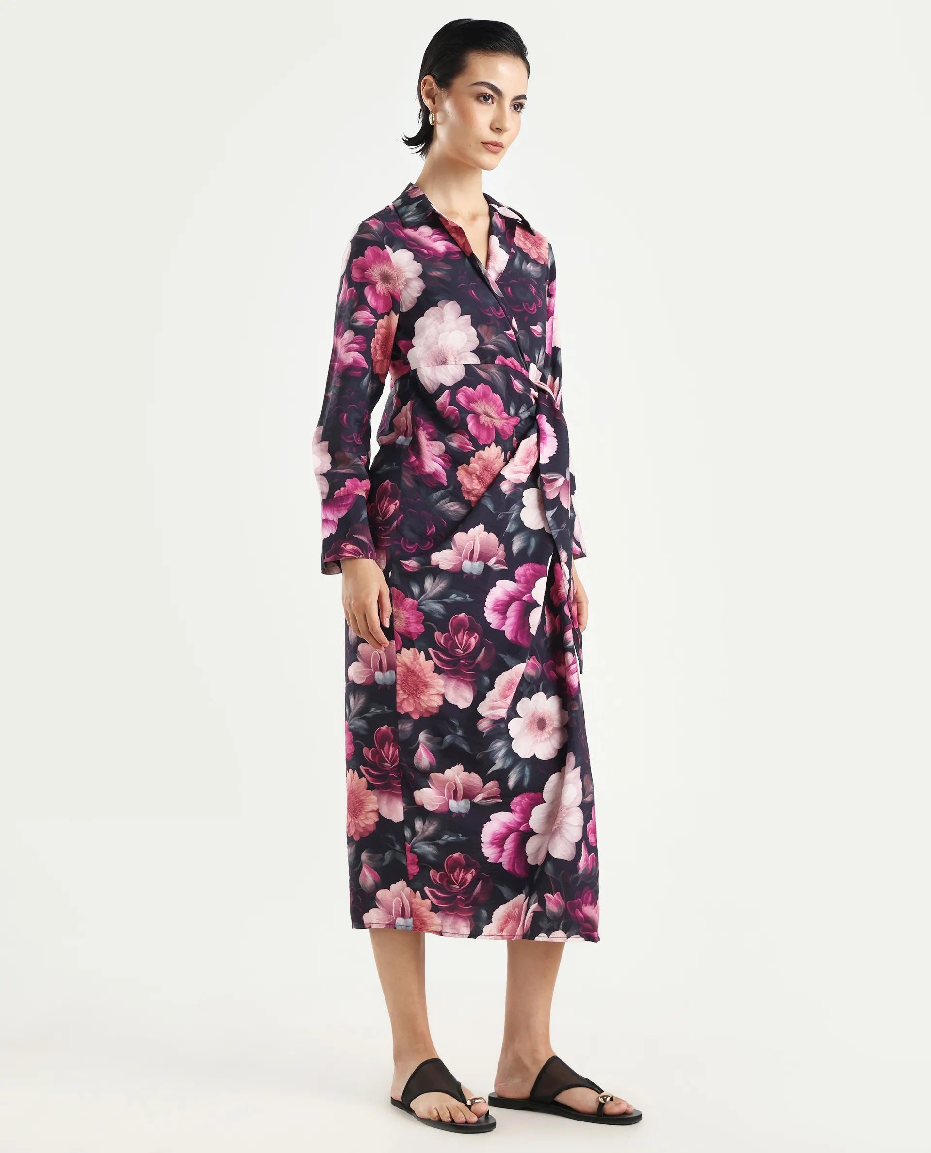 Rareism Women's Frastio Black Viscose Blend Drop Collar Floral Print Extended Sleeves Maxi Straight Fit Dress