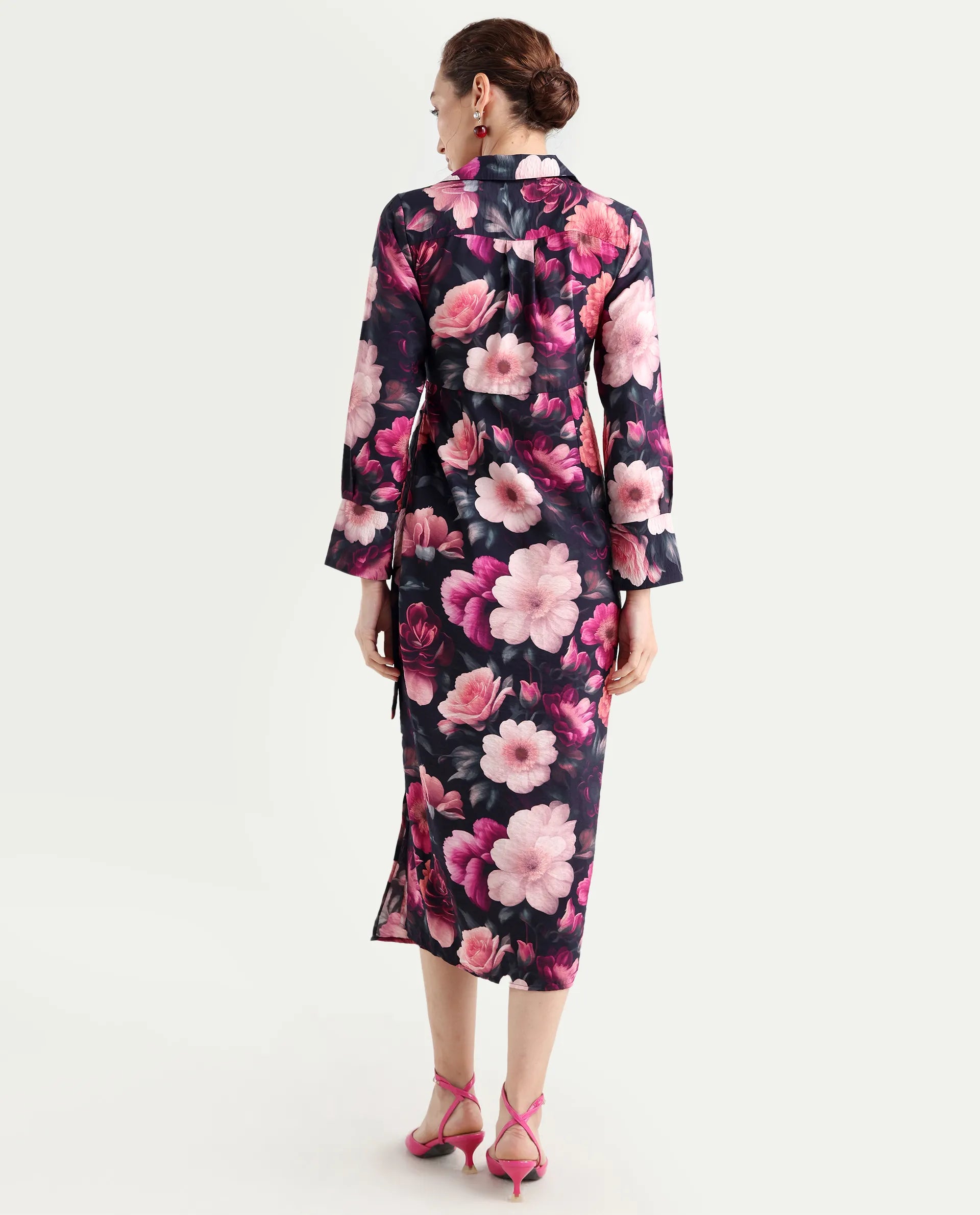 Rareism Women's Frastio Sc Black Viscose Blend Drop Collar Floral Print Extended Sleeves Maxi Straight Fit Dress