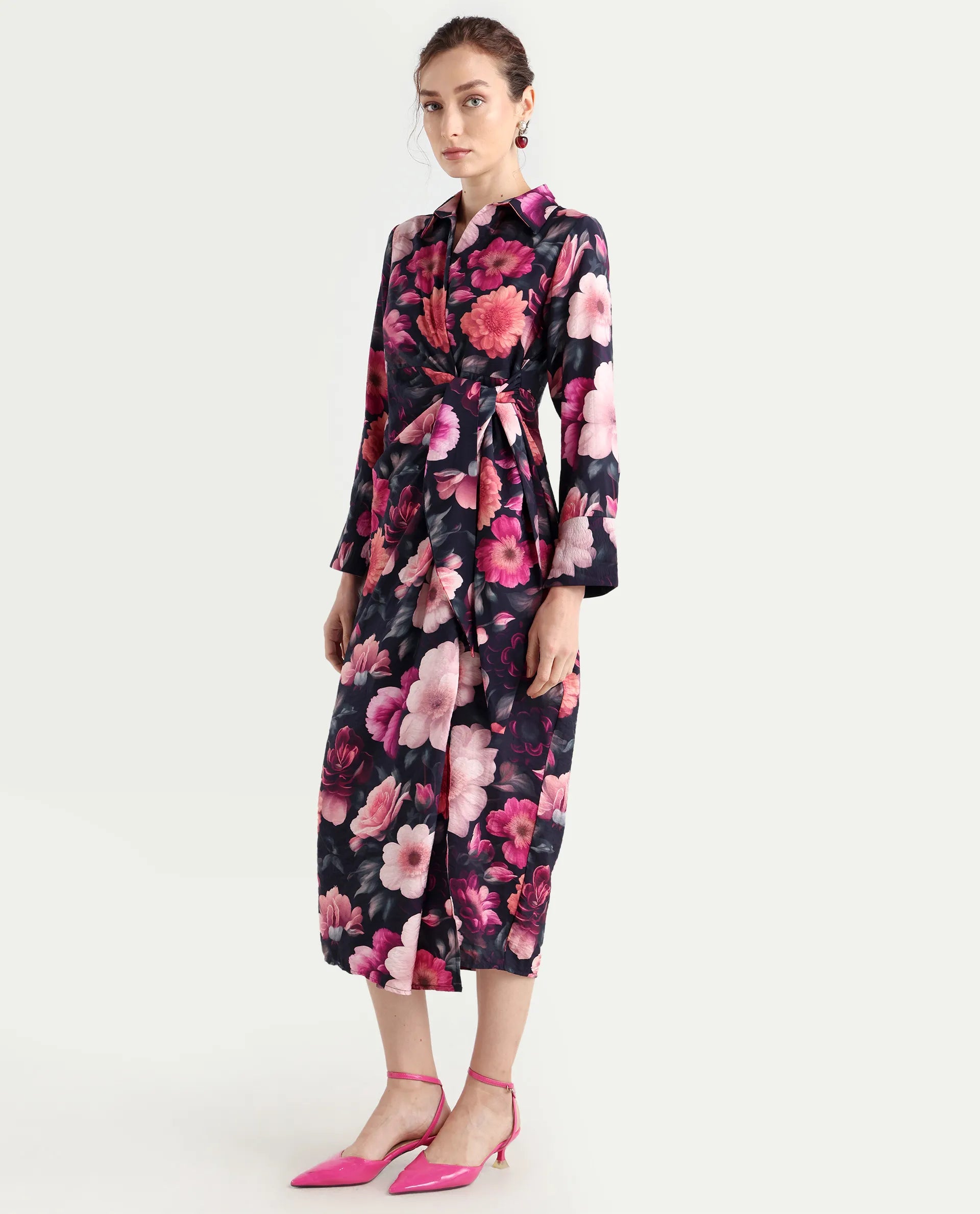 Rareism Women's Frastio Sc Black Viscose Blend Drop Collar Floral Print Extended Sleeves Maxi Straight Fit Dress