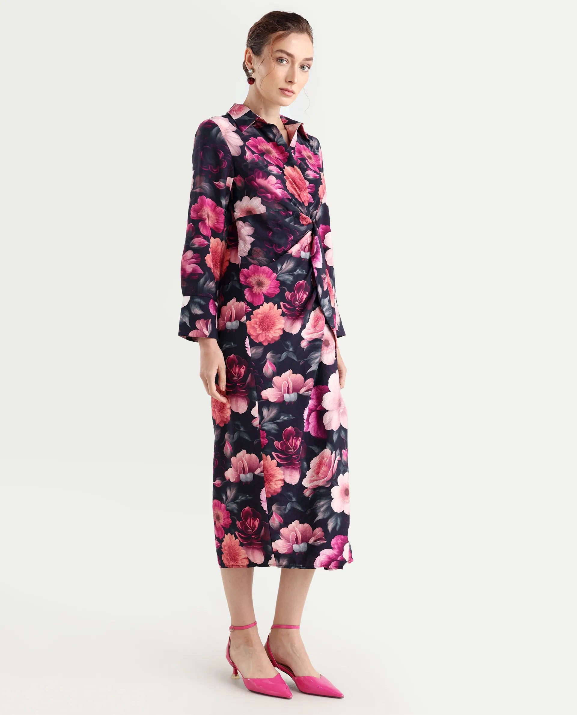 Rareism Women's Frastio Sc Black Viscose Blend Drop Collar Floral Print Extended Sleeves Maxi Straight Fit Dress