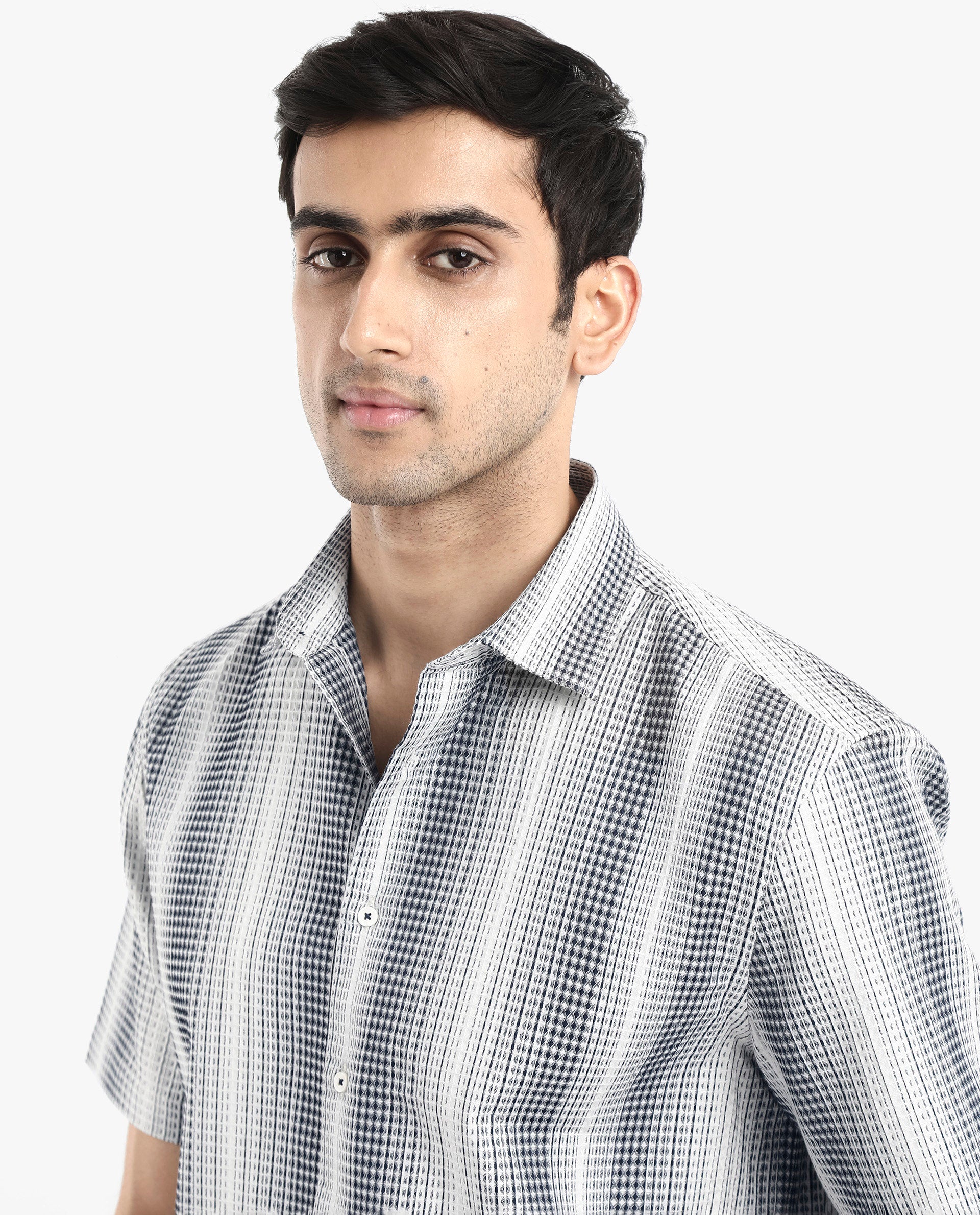 Rare Rabbit Men's Frawla Dark Blue Cotton Fabric Short Sleeve Boxy Fit Self Stripe Textured Shirt