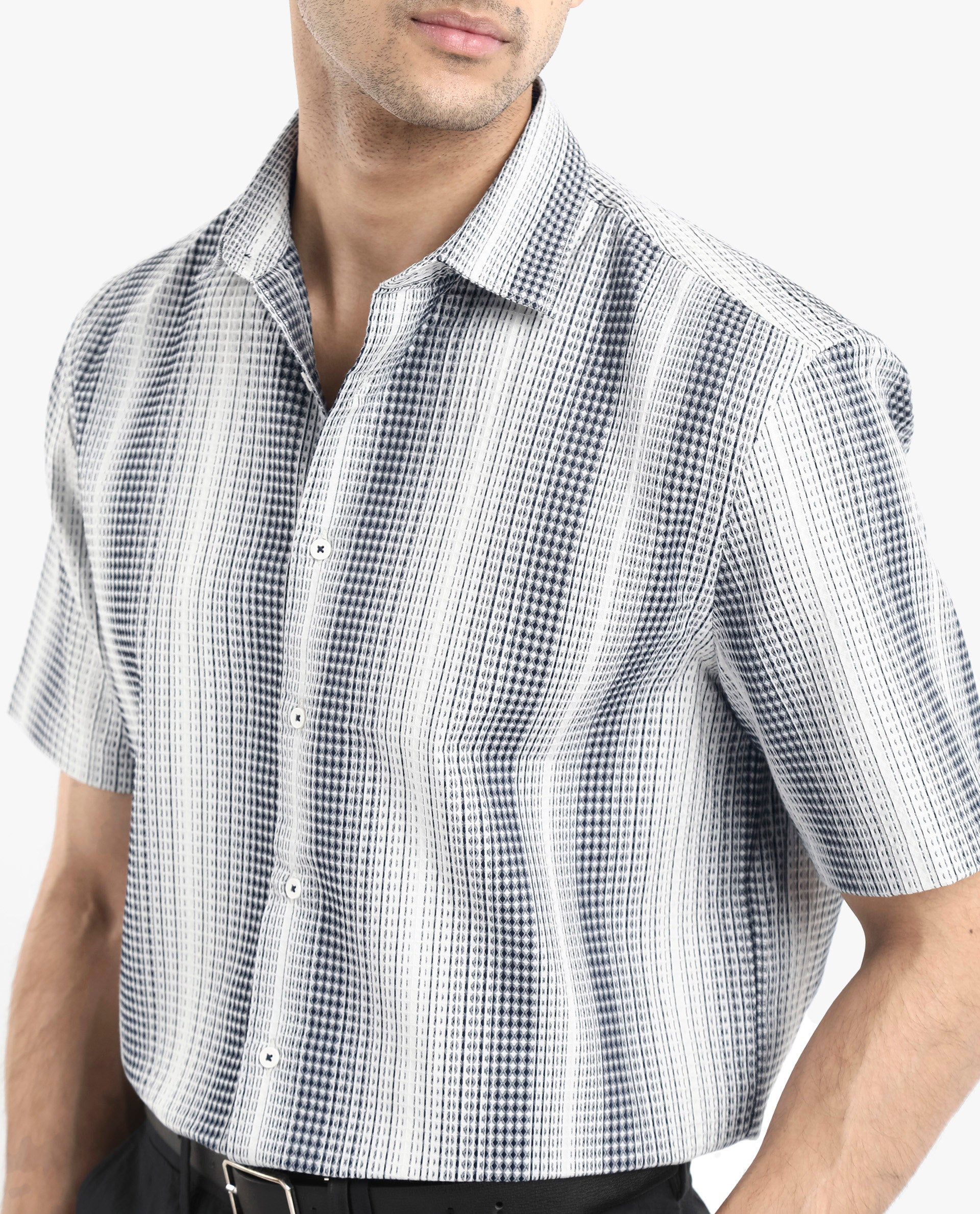 Rare Rabbit Men's Frawla Dark Blue Cotton Fabric Short Sleeve Boxy Fit Self Stripe Textured Shirt