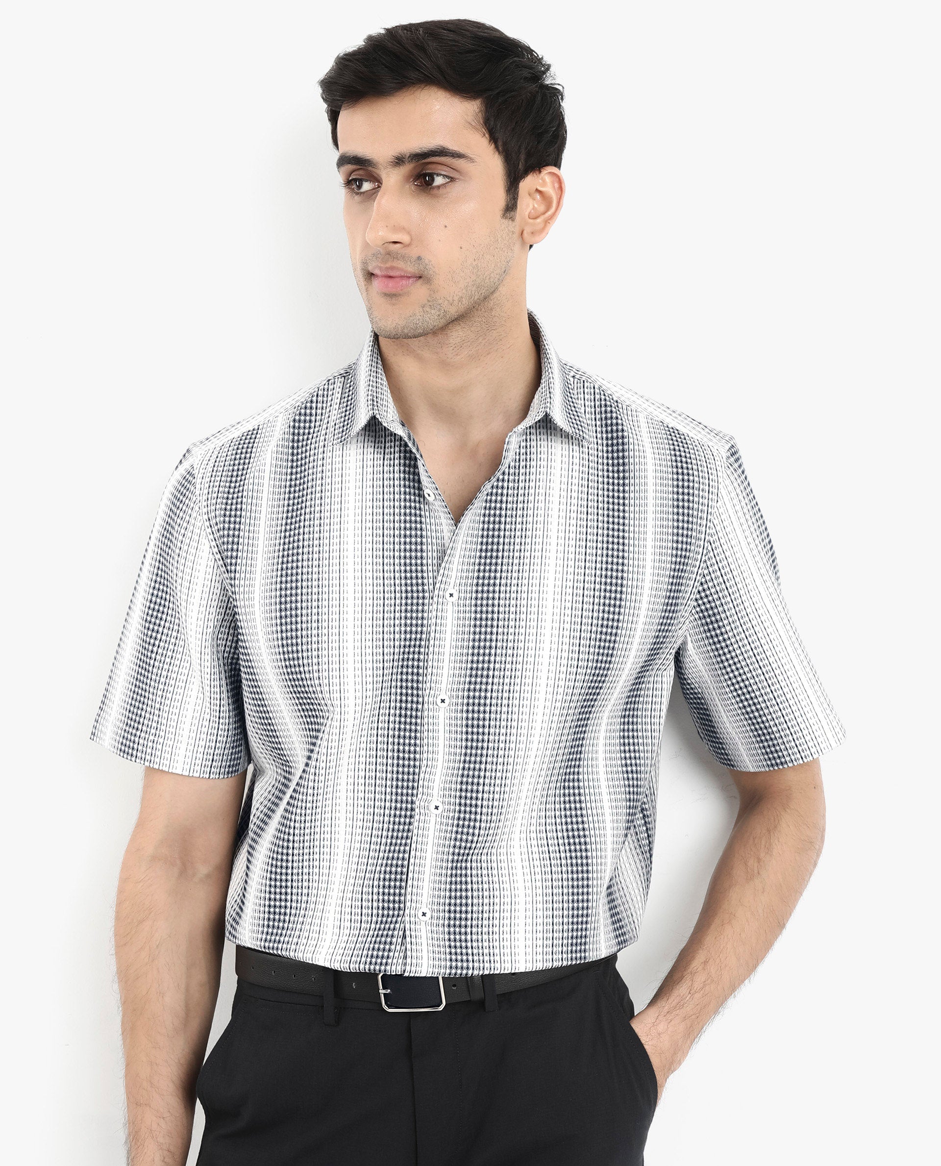 Rare Rabbit Men's Frawla Dark Blue Cotton Fabric Short Sleeve Boxy Fit Self Stripe Textured Shirt