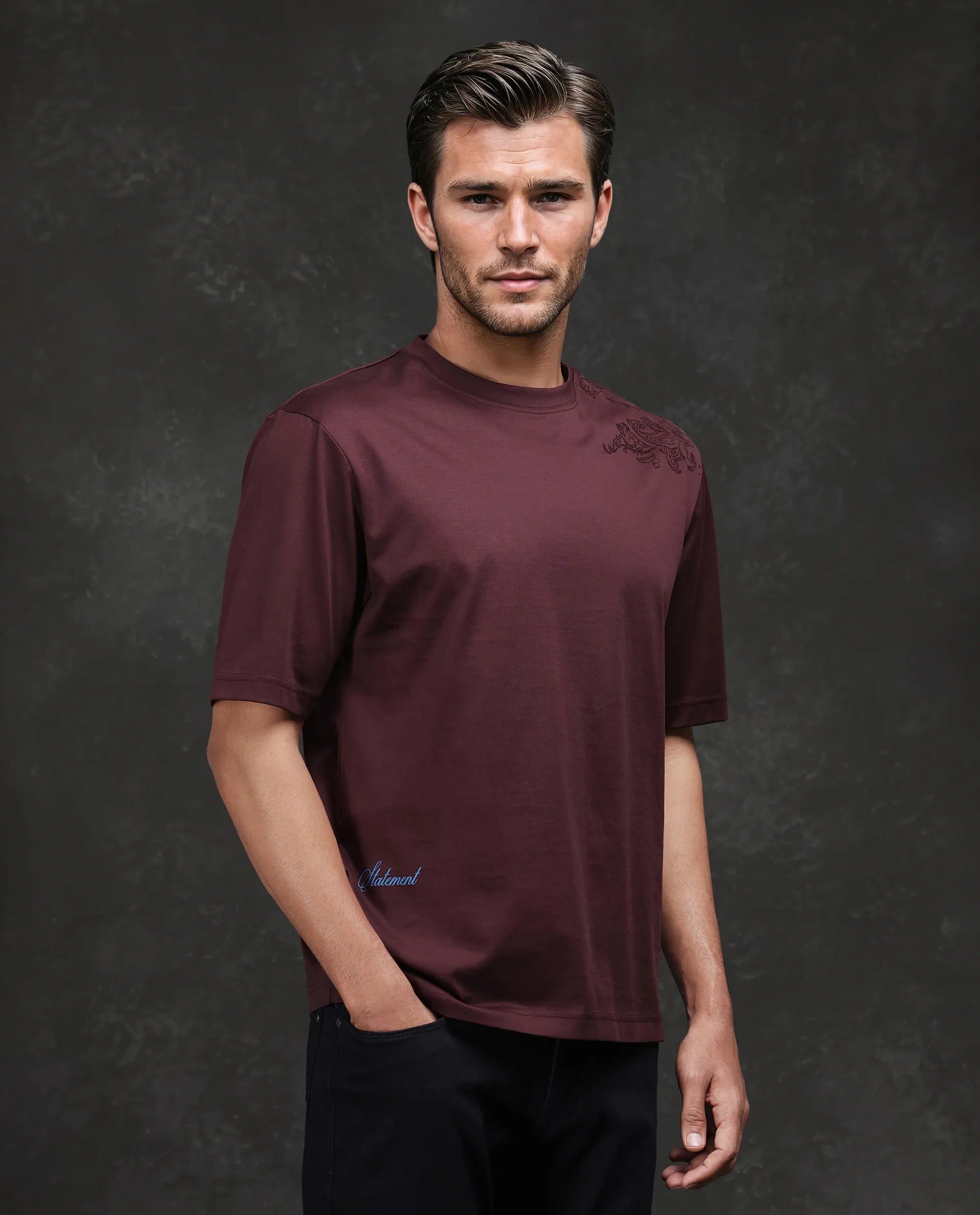 Rare Rabbit Men Frax Brown Cotton Fabric Short Sleeve Crew Neck Barcelone Fit Flock Print T-Shirt