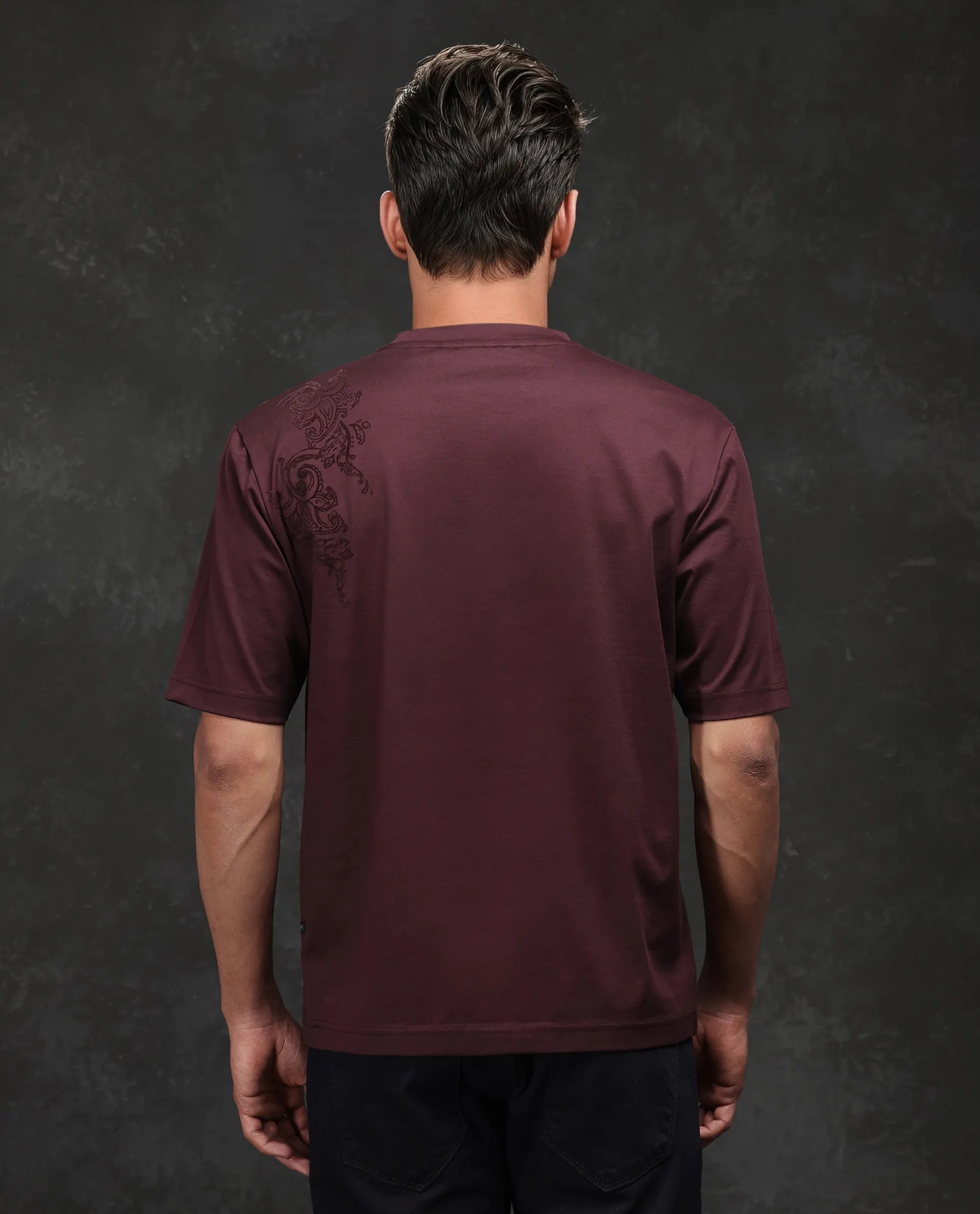 Rare Rabbit Men Frax Brown Cotton Fabric Short Sleeve Crew Neck Barcelone Fit Flock Print T-Shirt