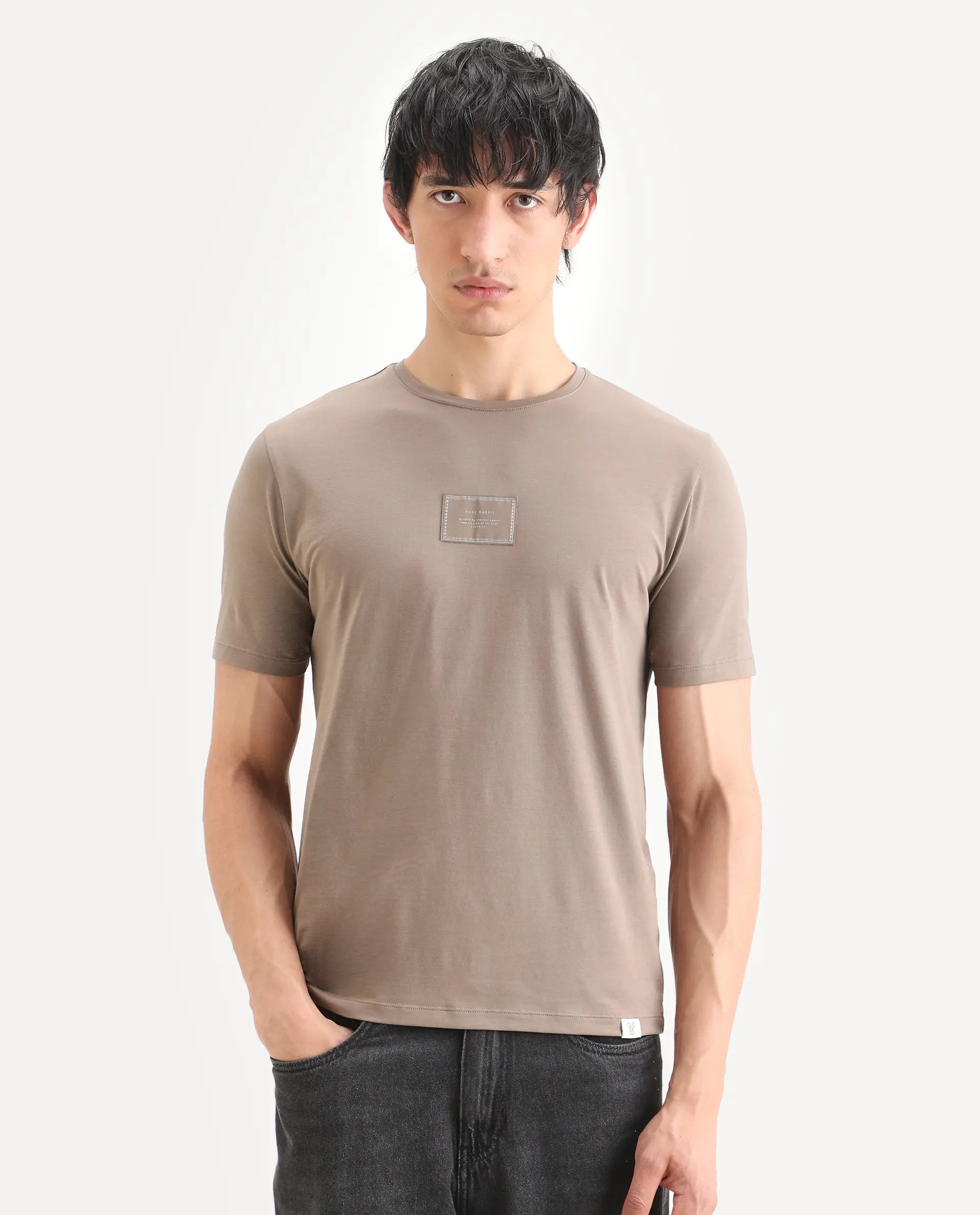 Rare Rabbit Men's Frea Beige Cotton Blend Fabric Half Sleeve Crew Neck Regular Fit Plain T-Shirt