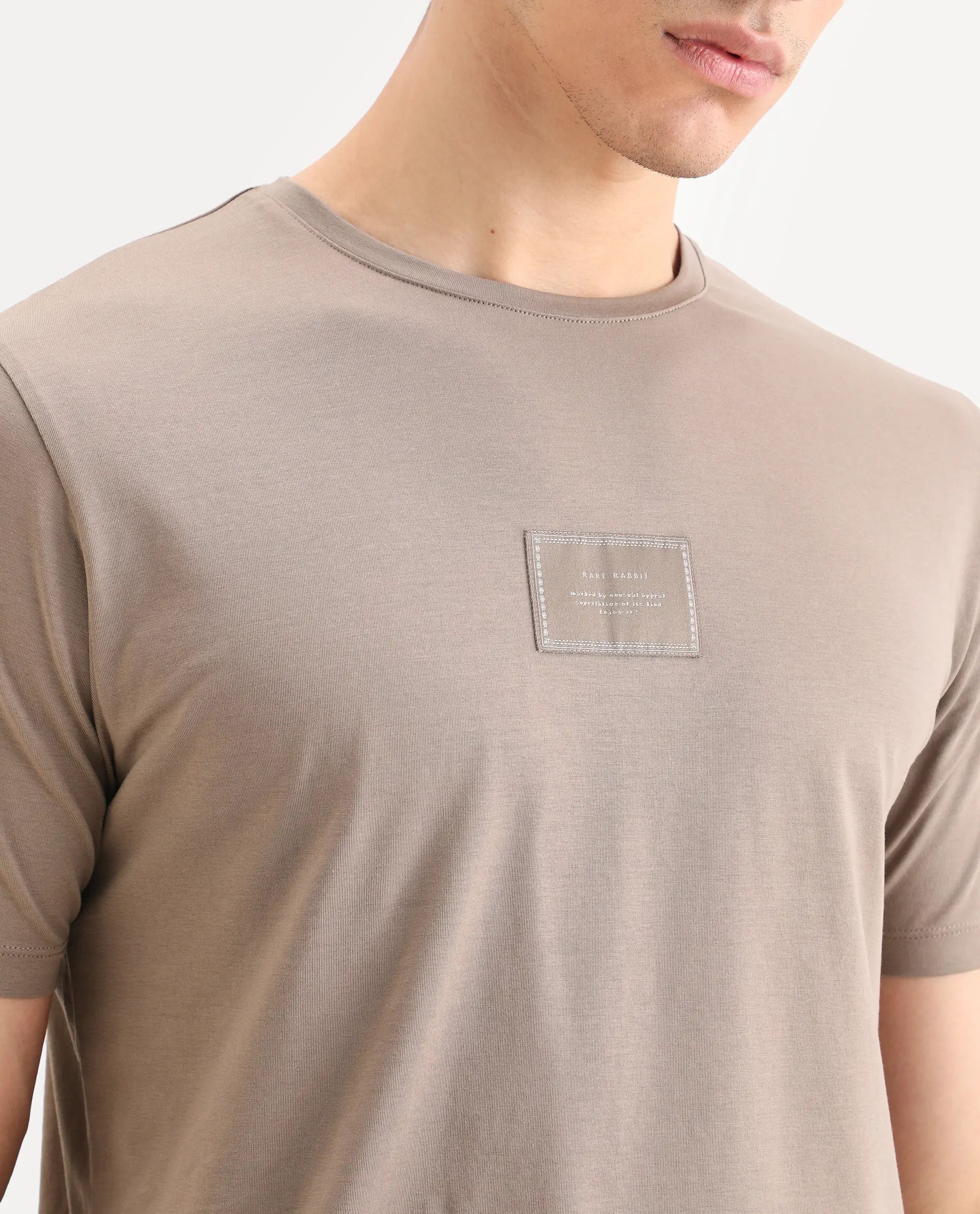 Rare Rabbit Men's Frea Beige Cotton Blend Fabric Half Sleeve Crew Neck Regular Fit Plain T-Shirt