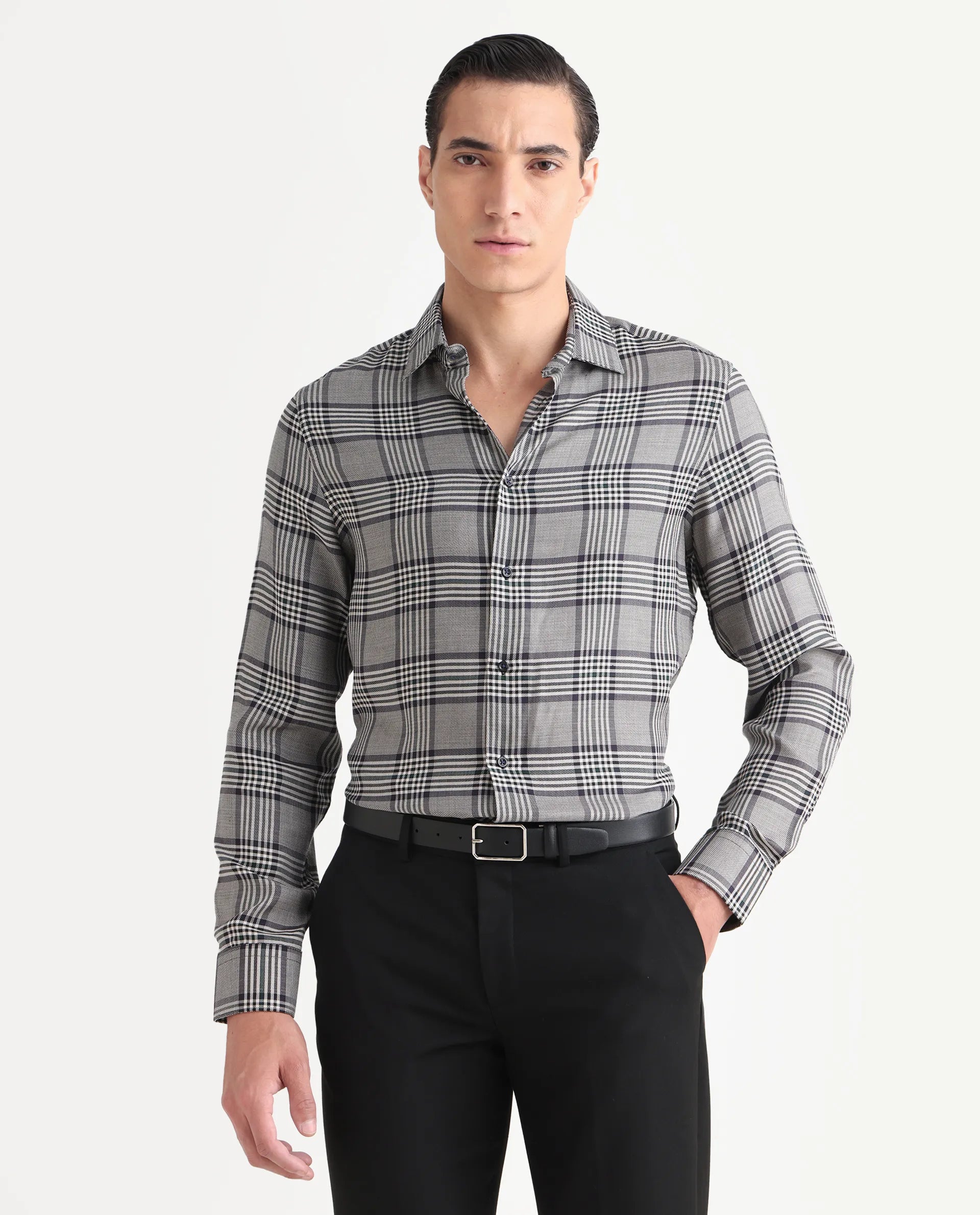 Rare Rabbit Men's Fredo-25 Light Grey Tencel Fabric Collared Neck Regular Fit Checks Shirt