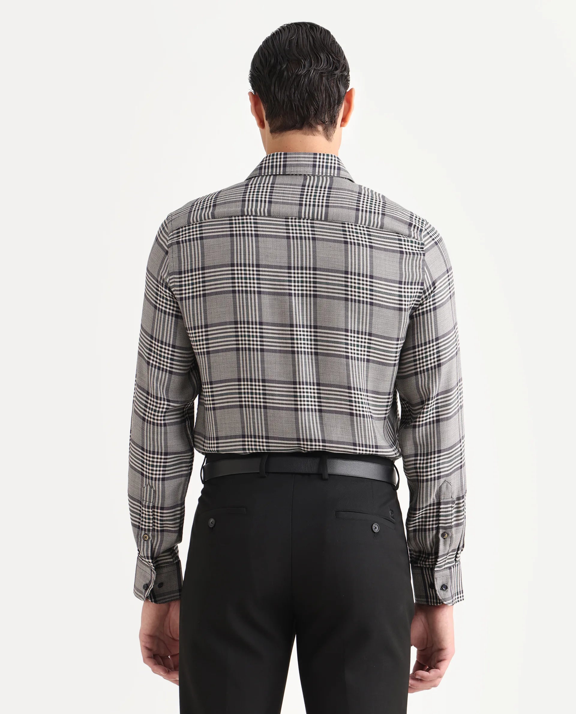 Rare Rabbit Men's Fredo-25 Light Grey Tencel Fabric Collared Neck Regular Fit Checks Shirt