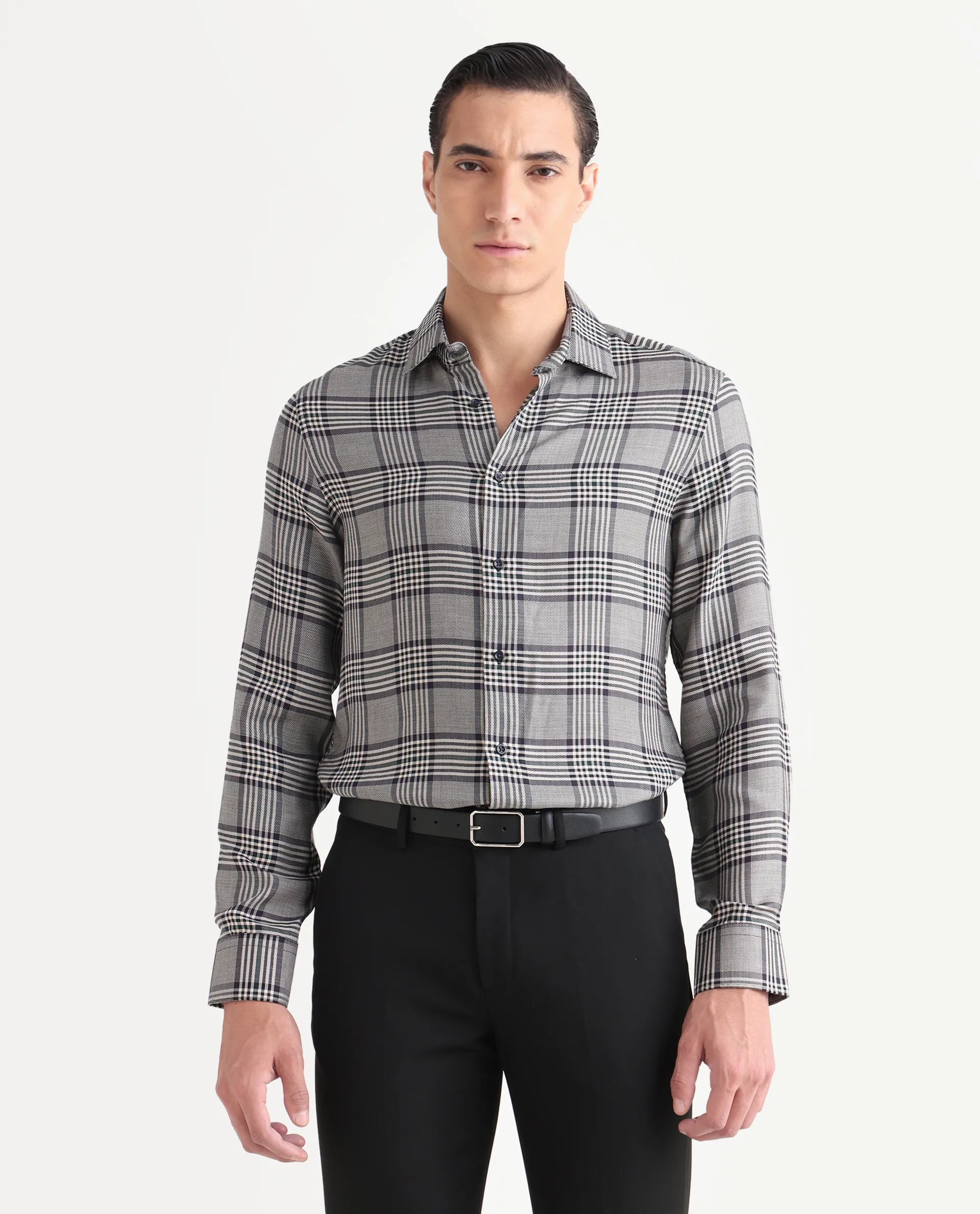 Rare Rabbit Men's Fredo-25 Light Grey Tencel Fabric Collared Neck Regular Fit Checks Shirt