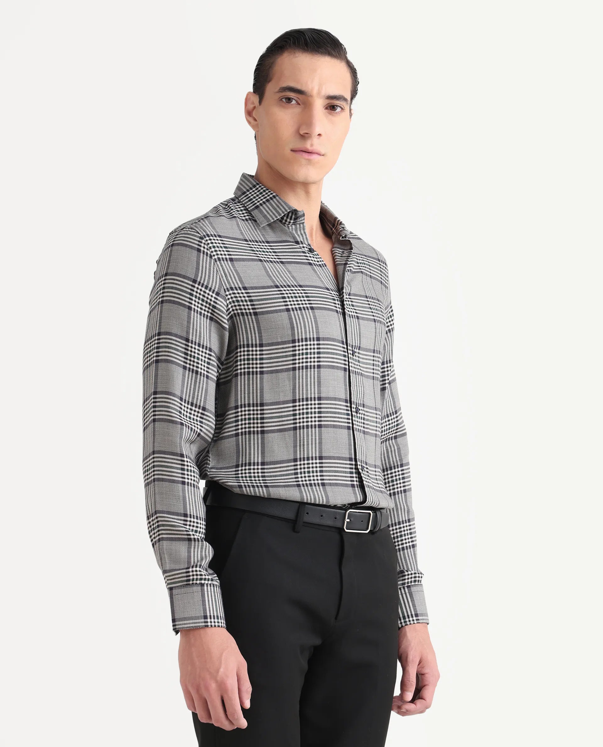 Rare Rabbit Men's Fredo-25 Light Grey Tencel Fabric Collared Neck Regular Fit Checks Shirt