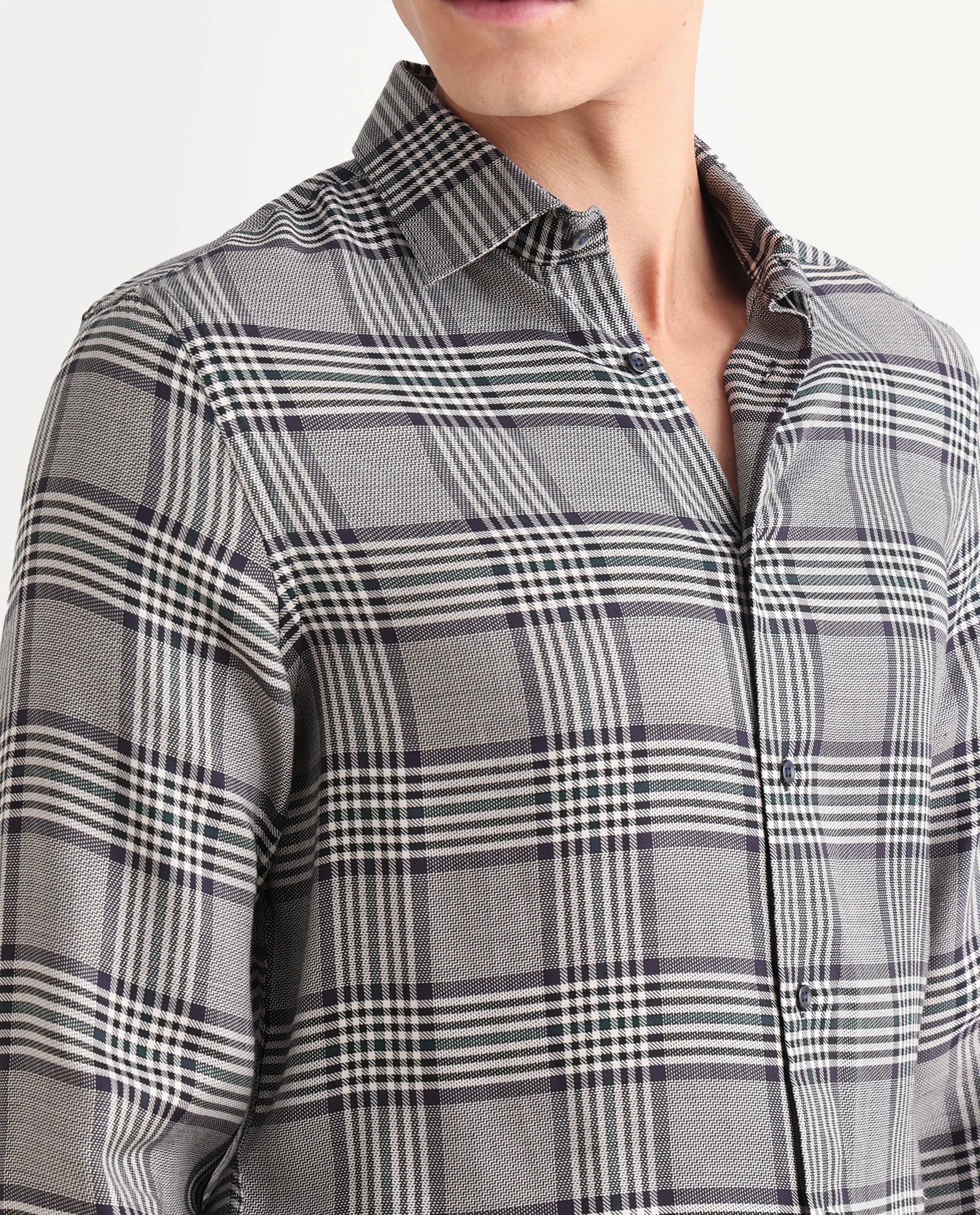 Rare Rabbit Men's Fredo-25 Light Grey Tencel Fabric Collared Neck Regular Fit Checks Shirt