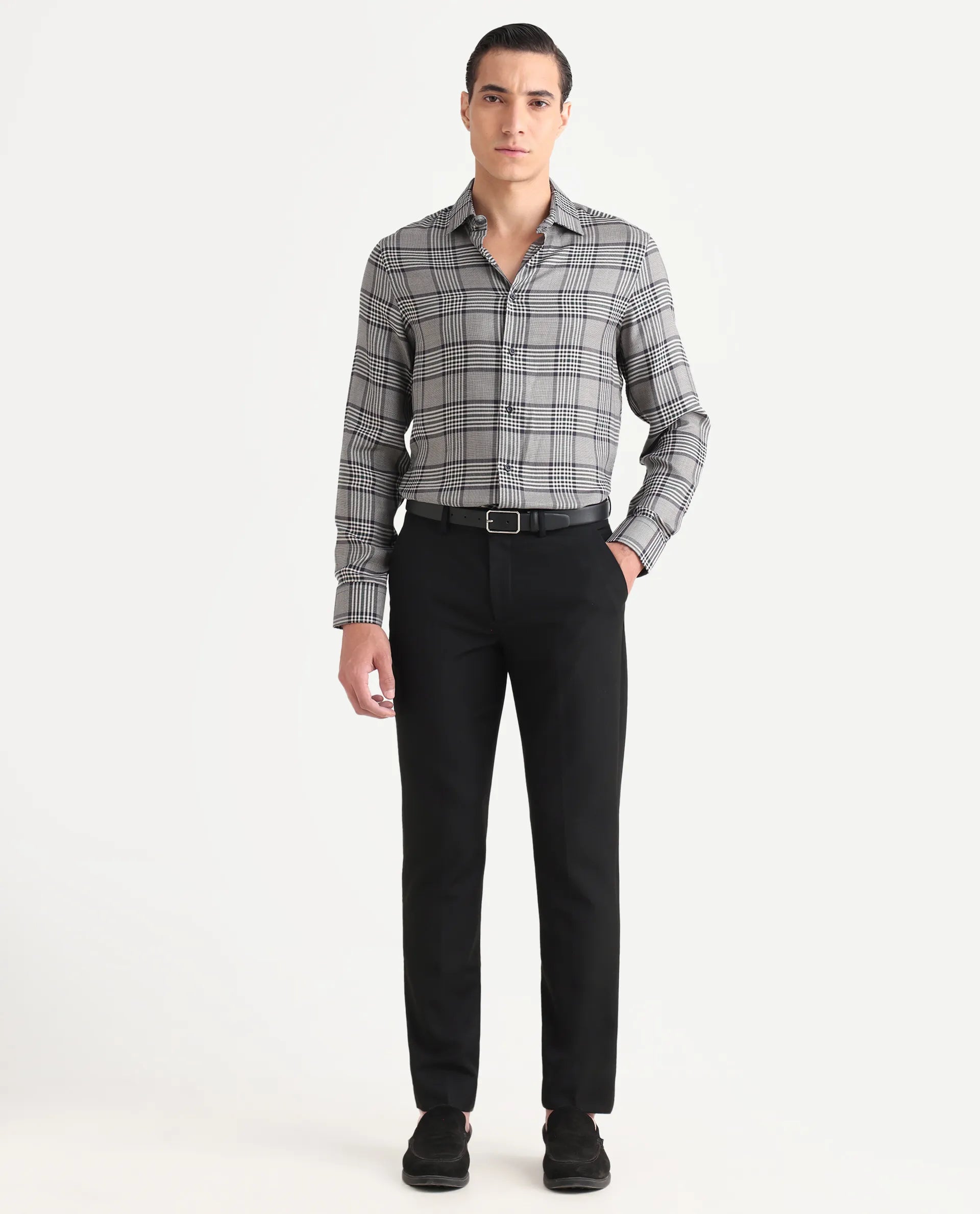 Rare Rabbit Men's Fredo-25 Light Grey Tencel Fabric Collared Neck Regular Fit Checks Shirt