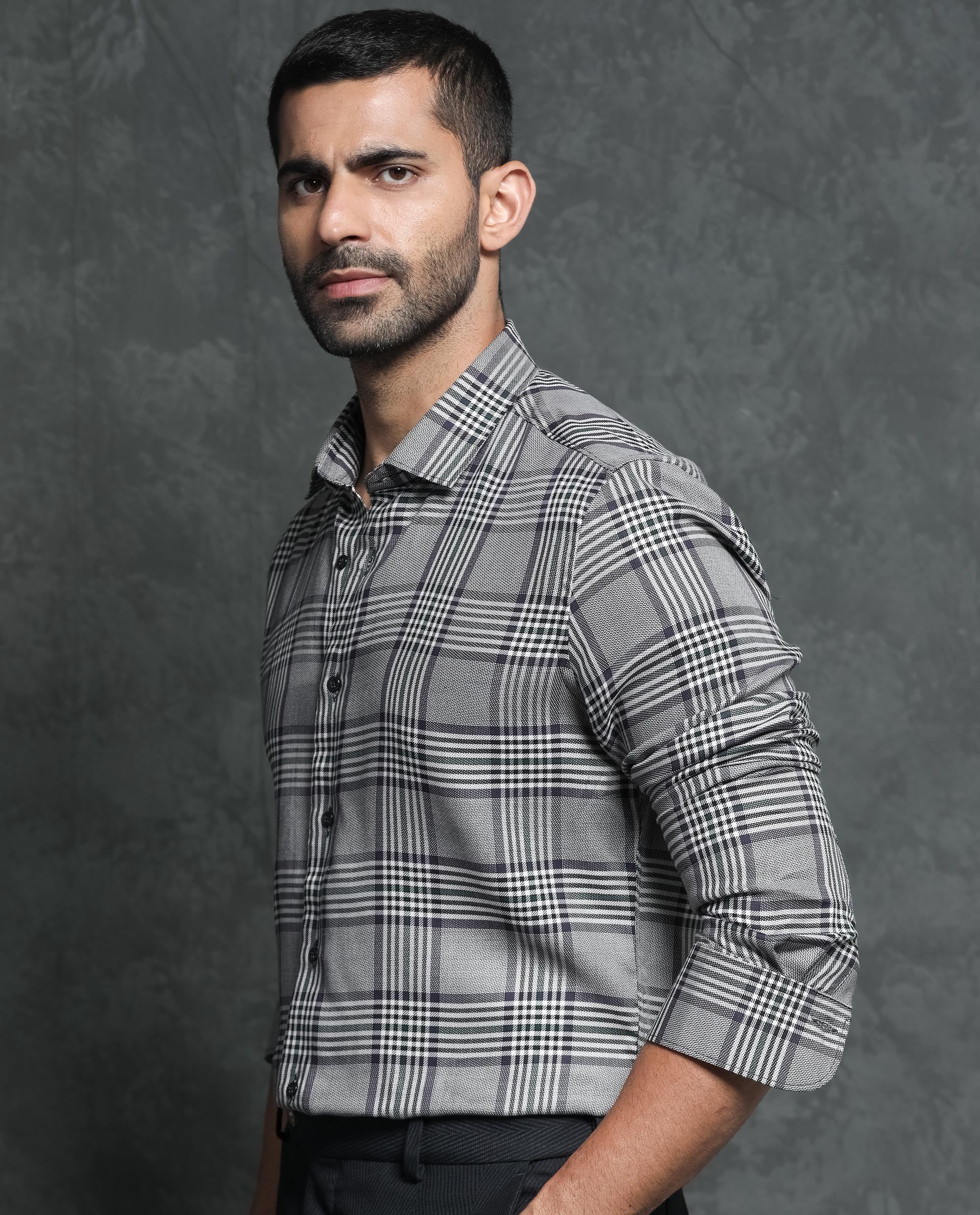 Rare Rabbit Men's Fredo Grey Tencel Fabric Full Sleeves Checks Shirt