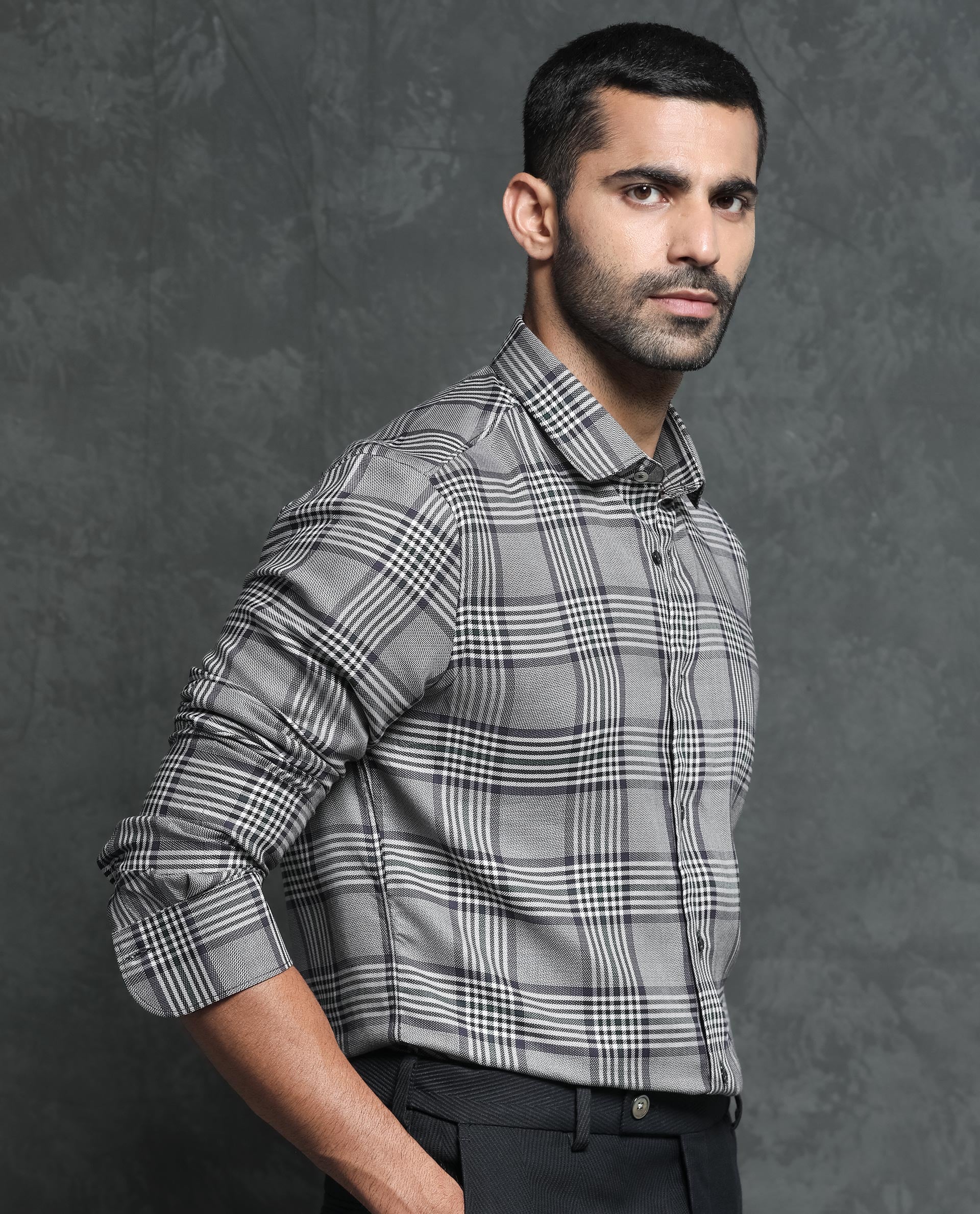 Rare Rabbit Men's Fredo Grey Tencel Fabric Full Sleeves Checks Shirt