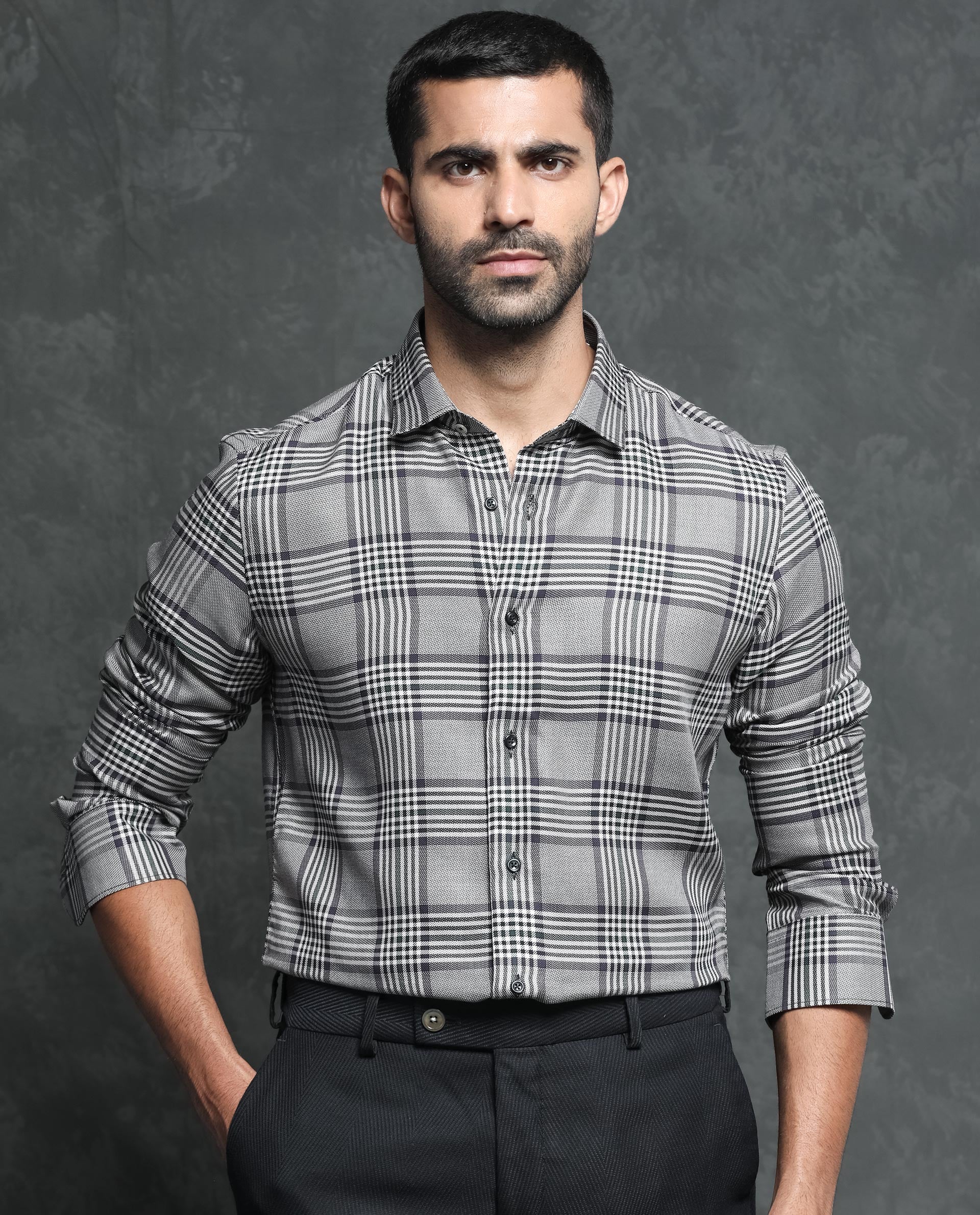 Rare Rabbit Men's Fredo Grey Tencel Fabric Full Sleeves Checks Shirt