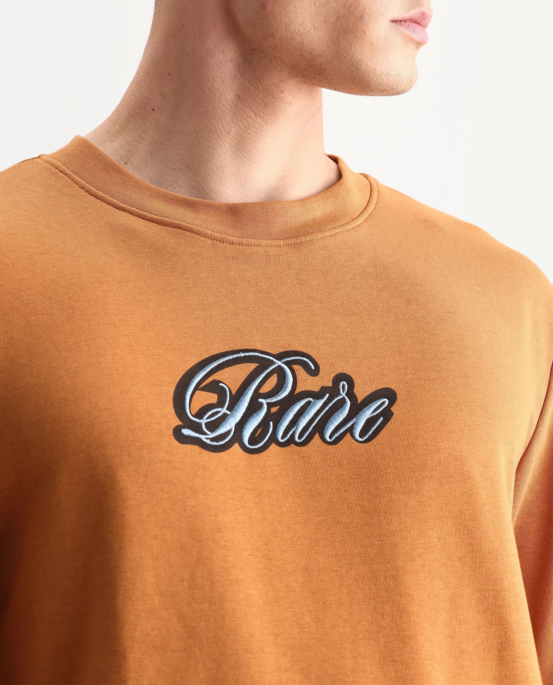 Rare Rabbit Men's Frejus Dusky Orange Cotton Embroidered Regular Fit Full Sleeve Crew Neck Sweatshirt