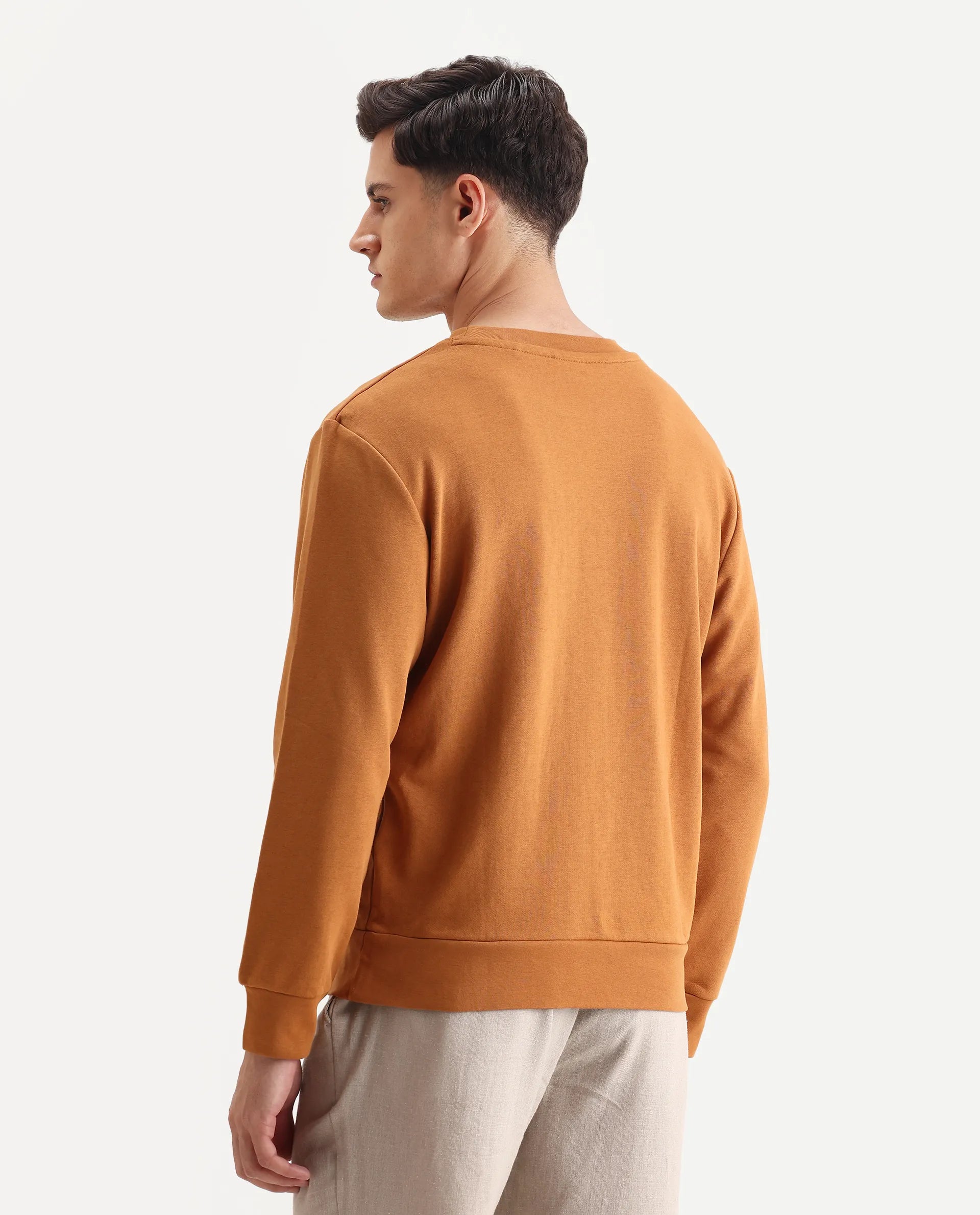 Rare Rabbit Men's Frejus Dusky Orange Cotton Embroidered Regular Fit Full Sleeve Crew Neck Sweatshirt
