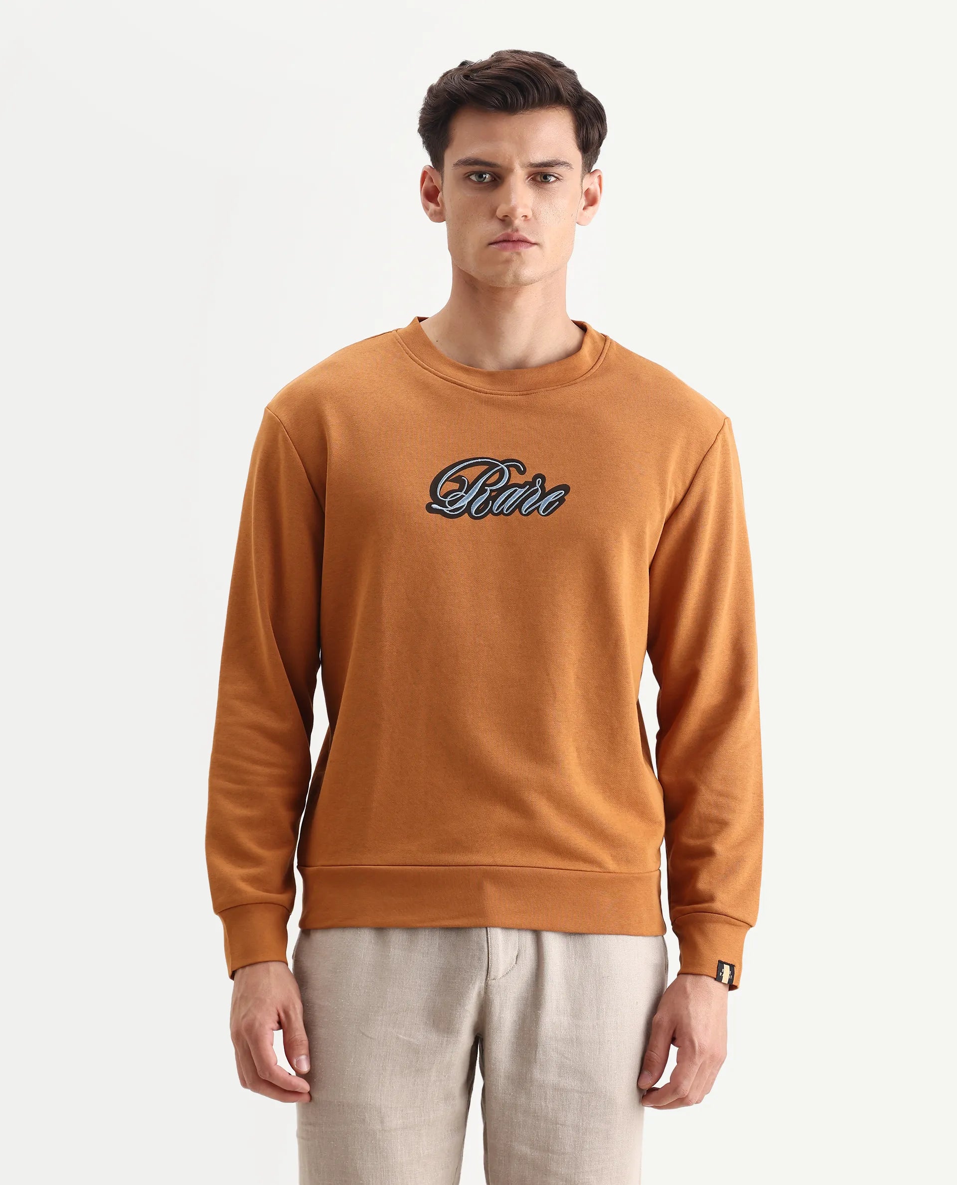 Rare Rabbit Men's Frejus Dusky Orange Cotton Embroidered Regular Fit Full Sleeve Crew Neck Sweatshirt