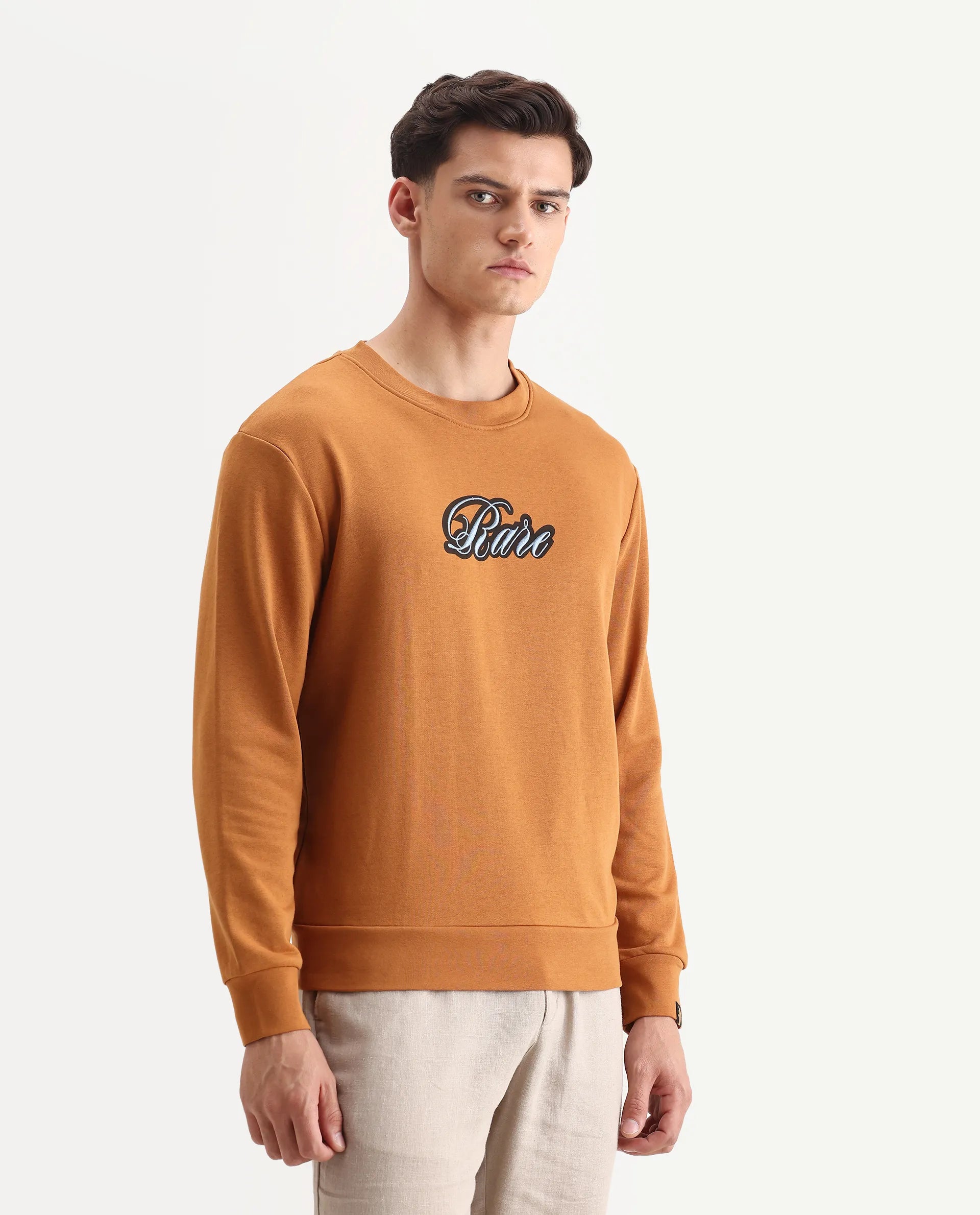 Rare Rabbit Men's Frejus Dusky Orange Cotton Embroidered Regular Fit Full Sleeve Crew Neck Sweatshirt