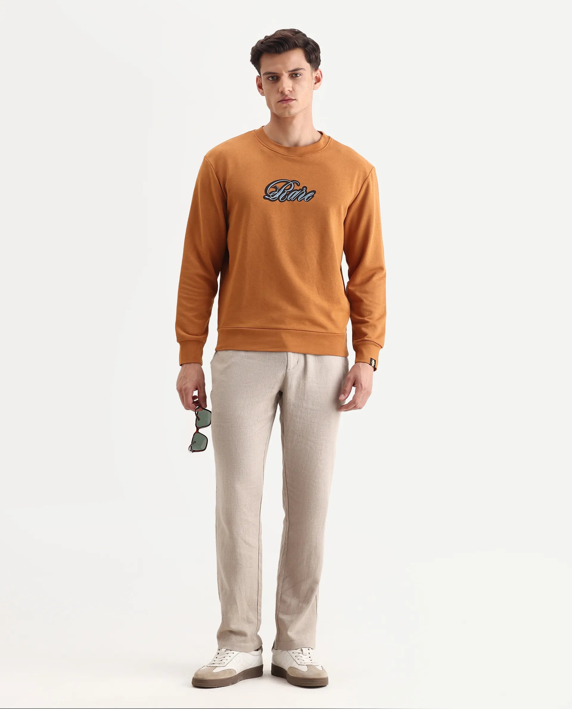 Rare Rabbit Men's Frejus Dusky Orange Cotton Embroidered Regular Fit Full Sleeve Crew Neck Sweatshirt