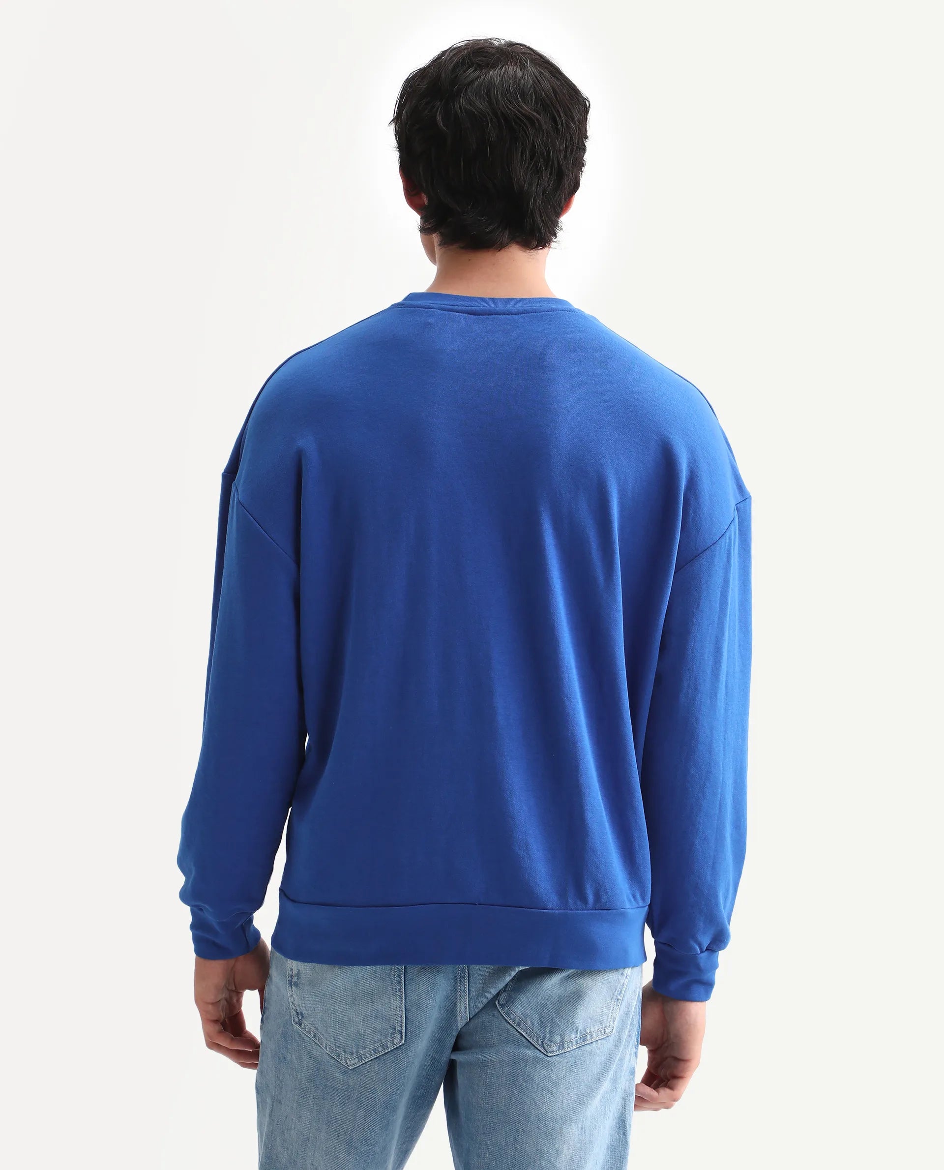 Rare Rabbit Men's Frejus Blue Cotton Blend Embroidered Regular Fit Full Sleeve Crew Neck Sweatshirt
