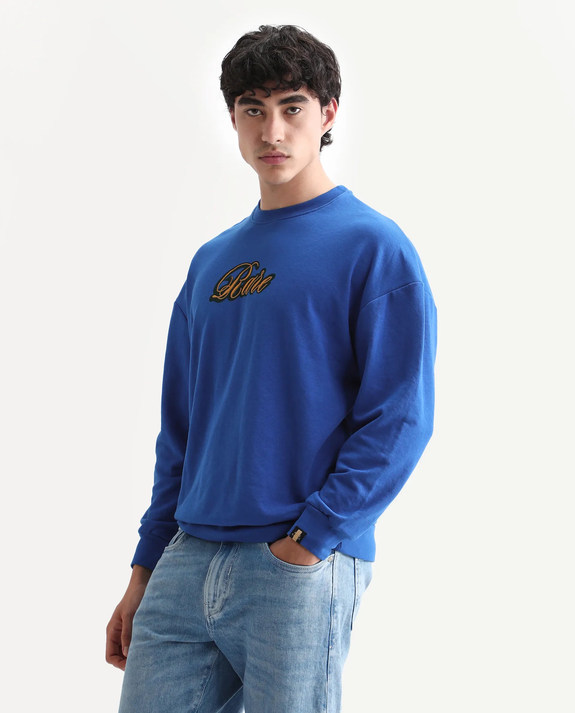 Rare Rabbit Men's Frejus Blue Cotton Blend Embroidered Regular Fit Full Sleeve Crew Neck Sweatshirt