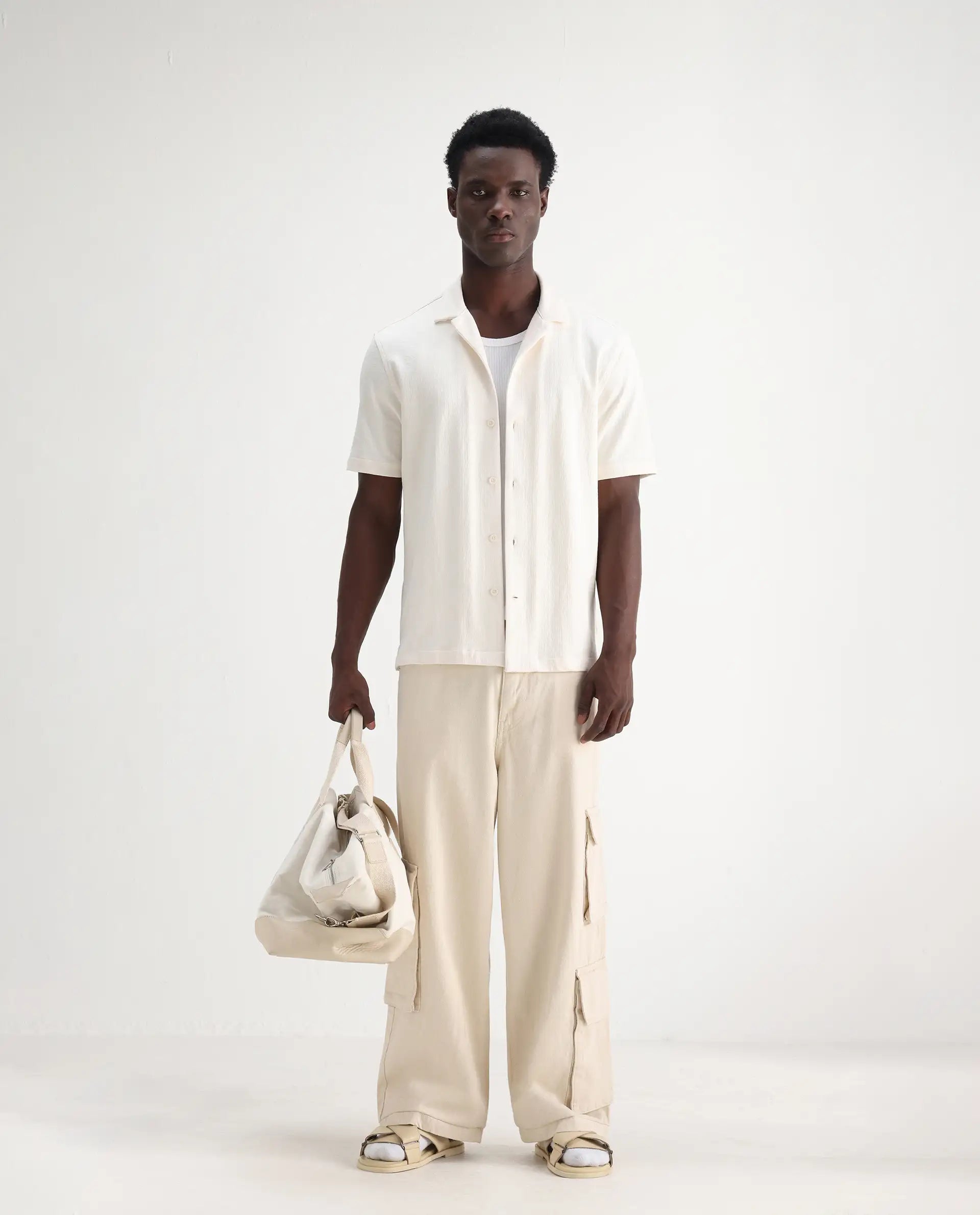 Rare Rabbit Men's Freks Beige Cotton Plain Baggy Fit Jeans