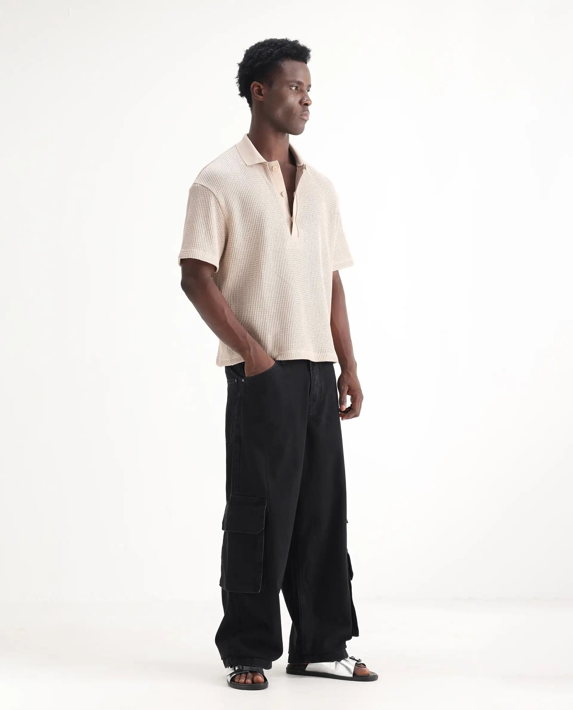 Rare Rabbit Men's Freks Black Cotton Plain Baggy Fit Jeans