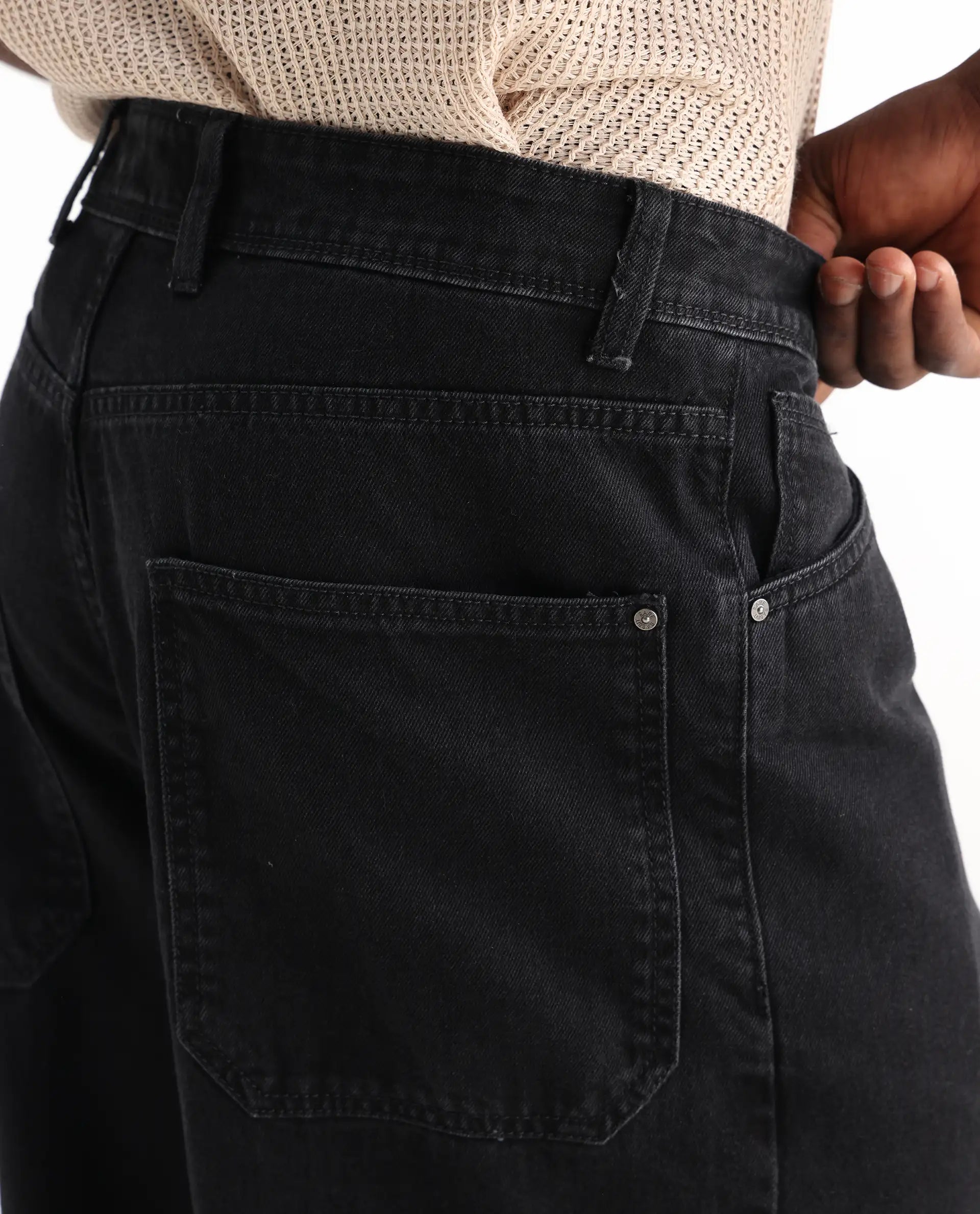 Rare Rabbit Men's Freks Black Cotton Plain Baggy Fit Jeans