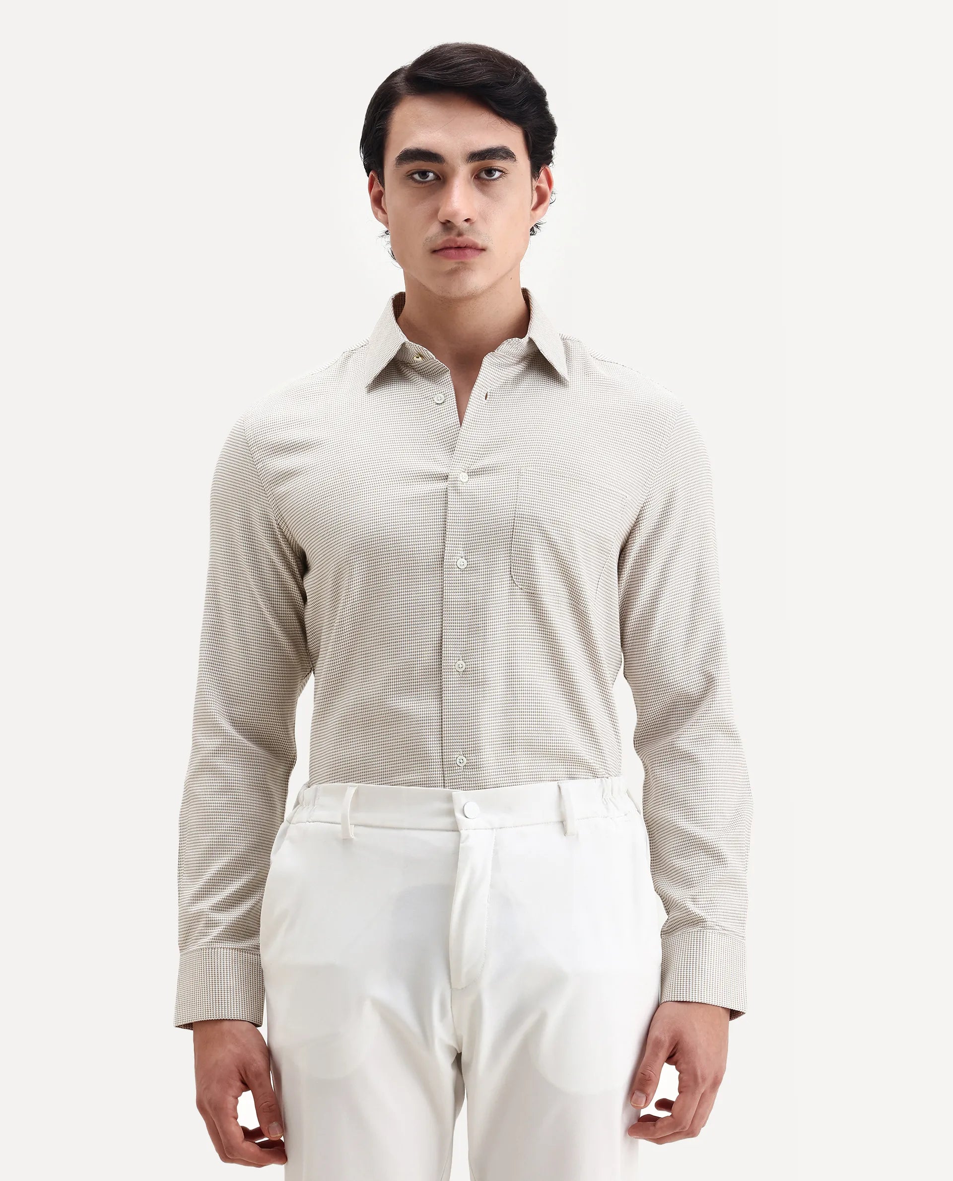 Rare Rabbit Men's Fresno Beige Cotton Dobby Print Regular Fit Full Sleeve Collared Shirt