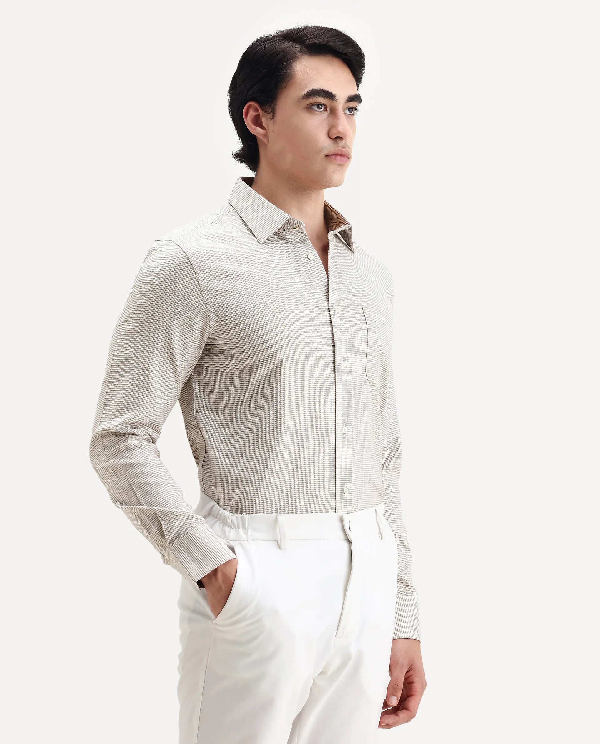 Rare Rabbit Men's Fresno Beige Cotton Dobby Print Regular Fit Full Sleeve Collared Shirt