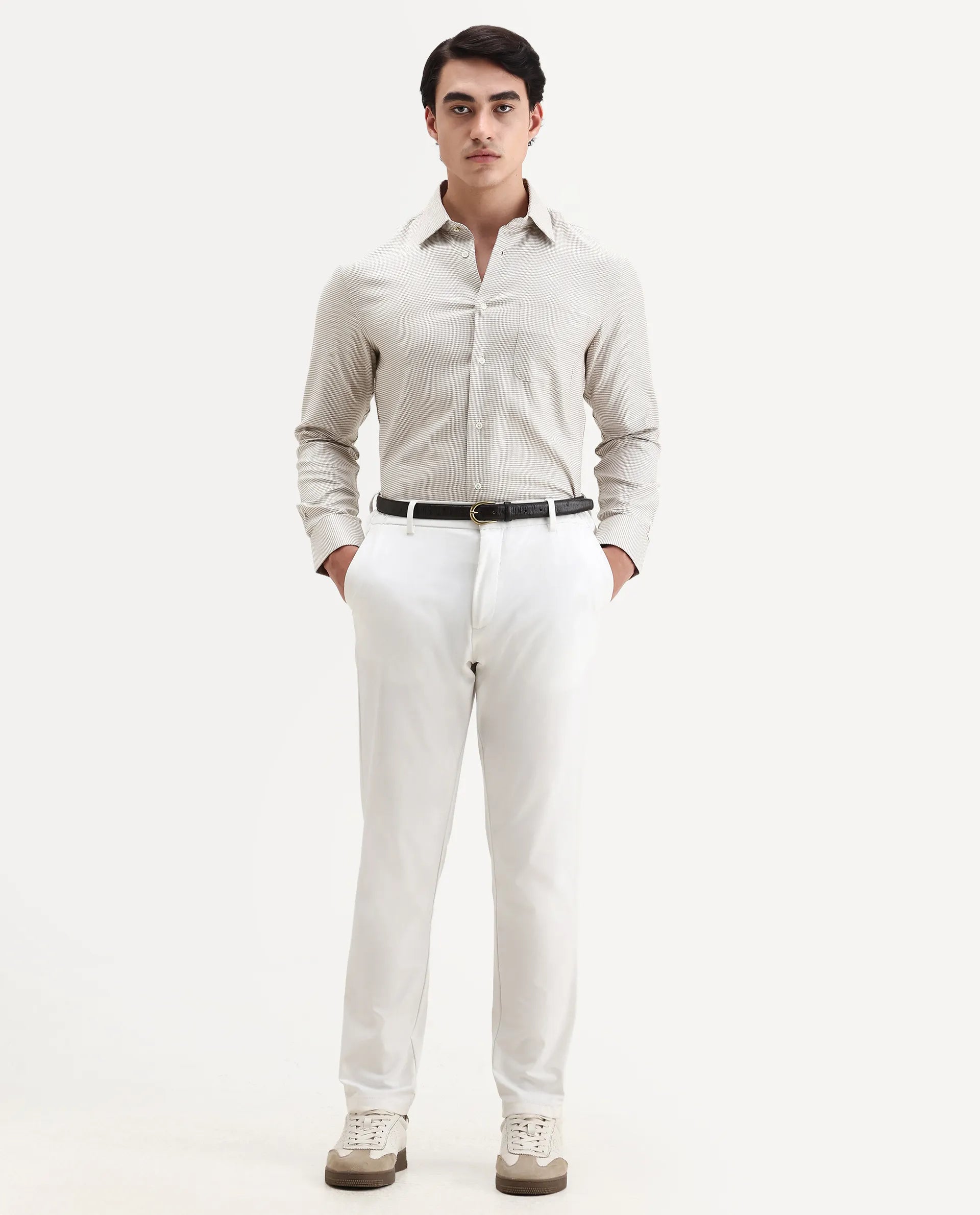 Rare Rabbit Men's Fresno Beige Cotton Dobby Print Regular Fit Full Sleeve Collared Shirt