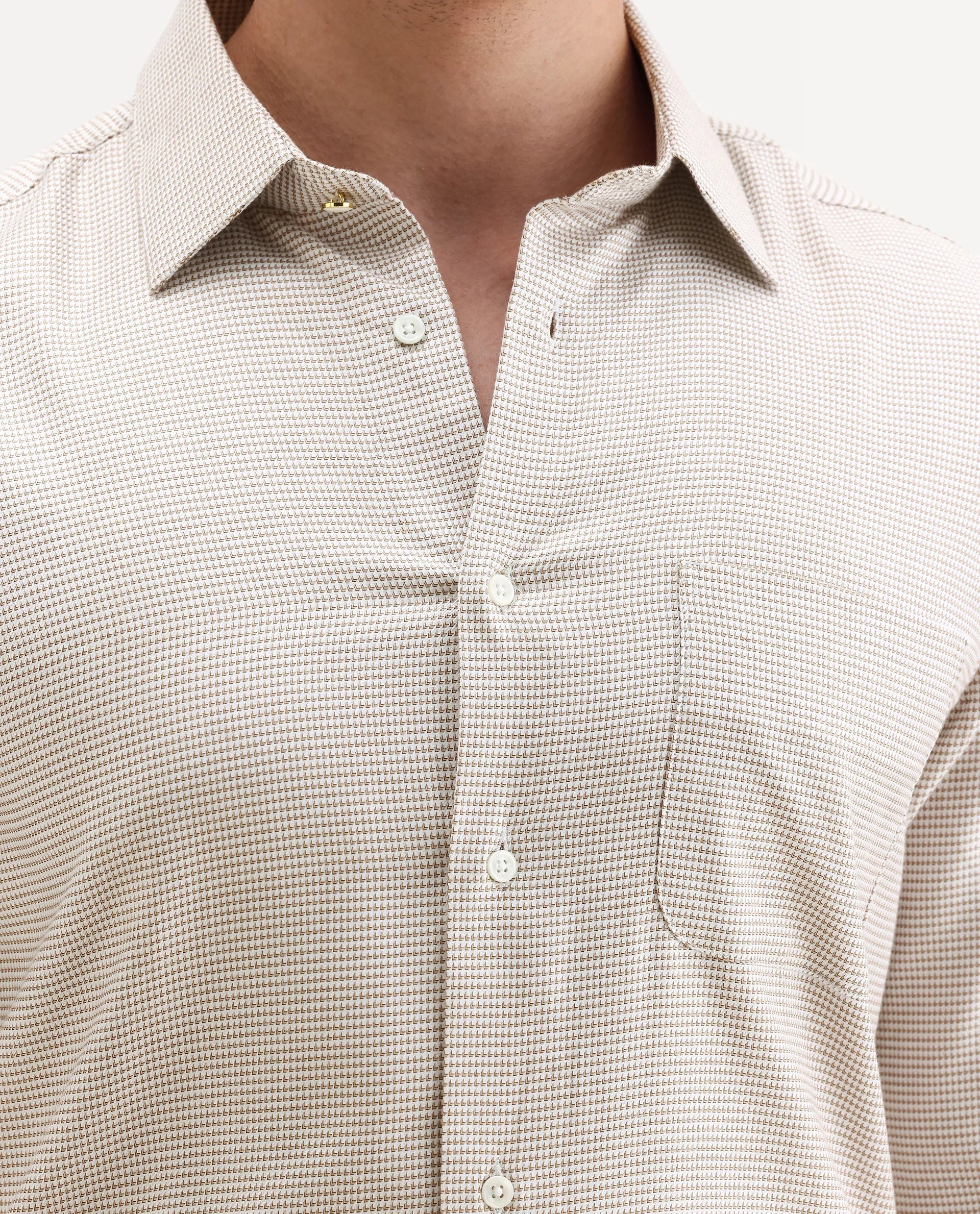 Rare Rabbit Men's Fresno Beige Cotton Dobby Print Regular Fit Full Sleeve Collared Shirt