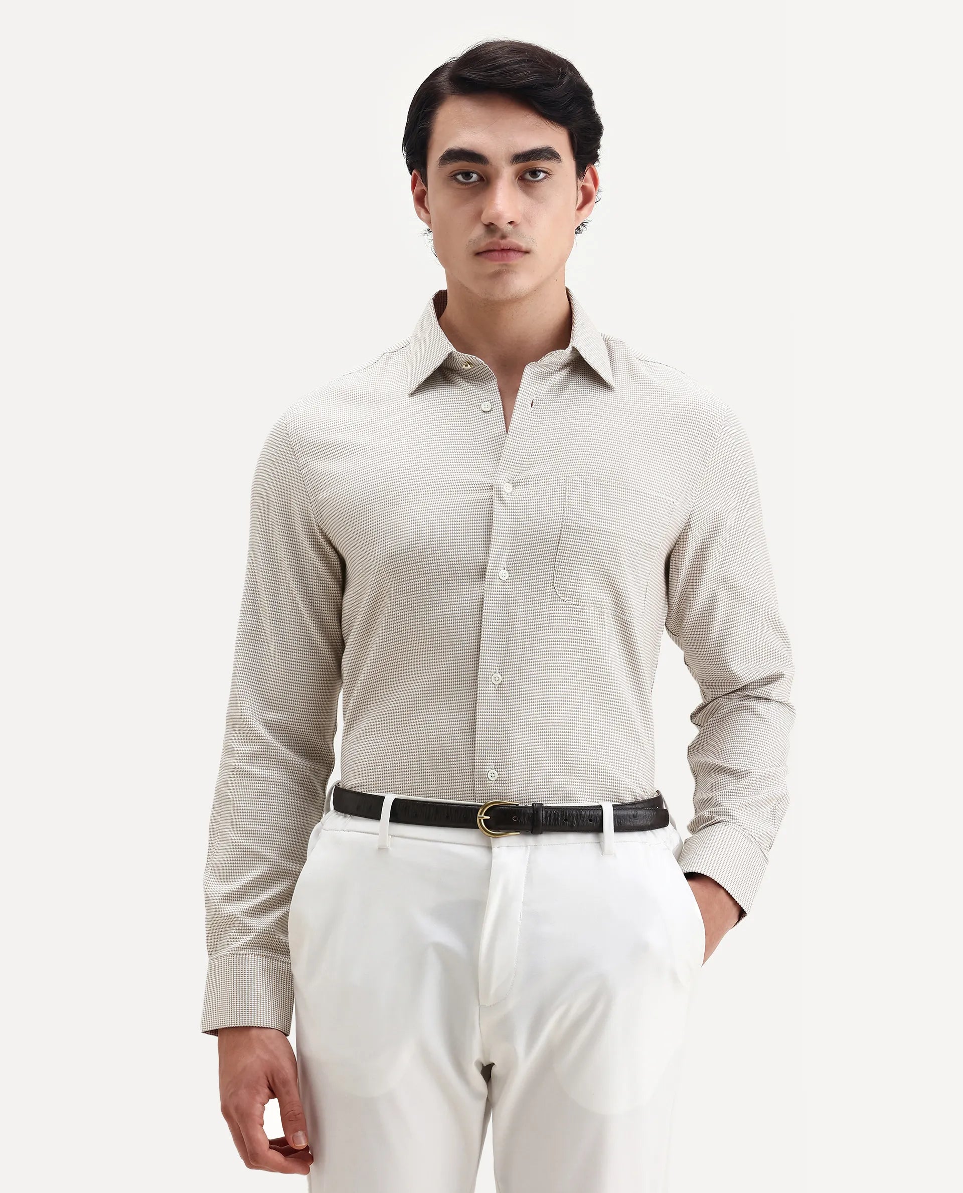 Rare Rabbit Men's Fresno Beige Cotton Dobby Print Regular Fit Full Sleeve Collared Shirt