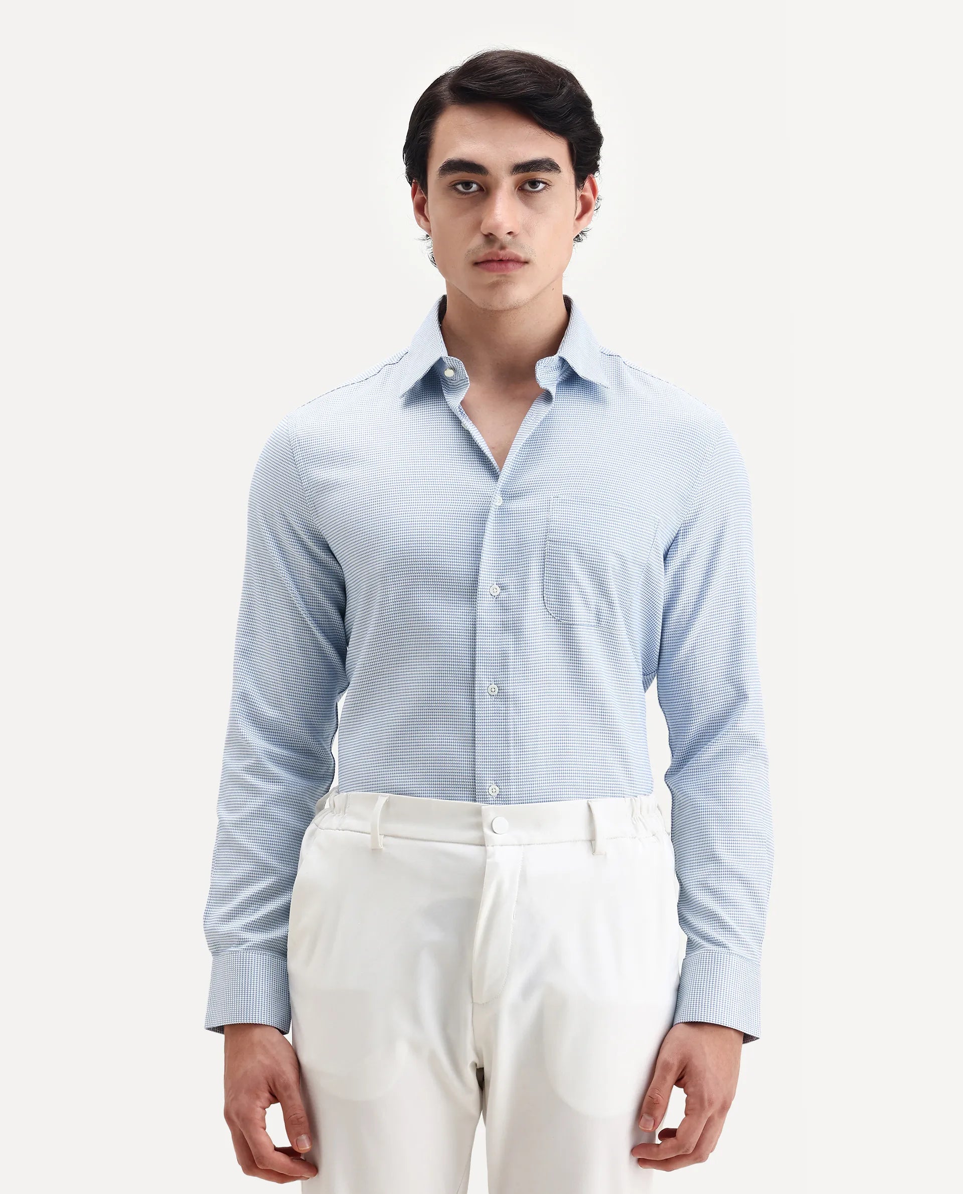 Rare Rabbit Men's Fresno Blue Cotton Dobby Print Regular Fit Full Sleeve Collared Shirt