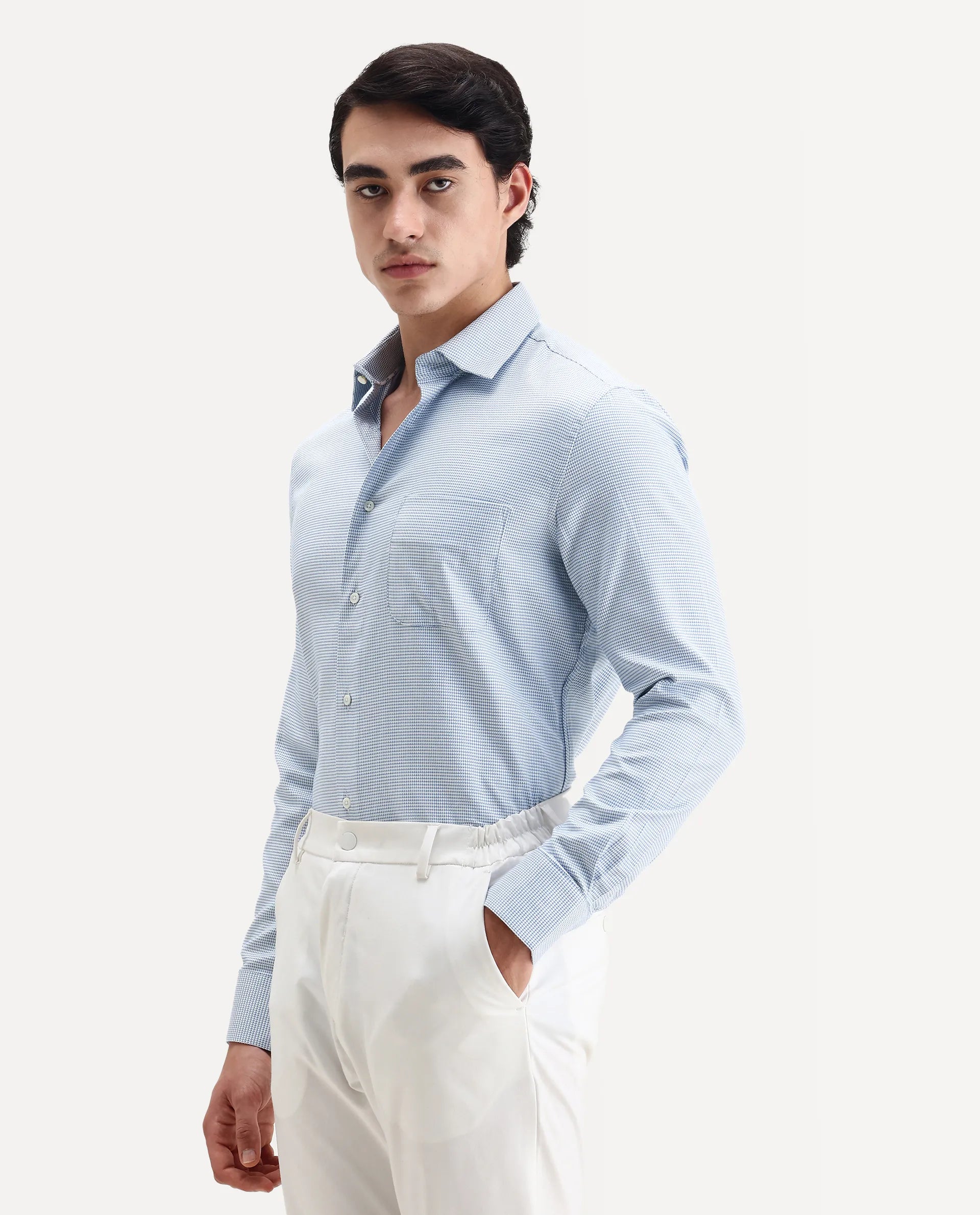 Rare Rabbit Men's Fresno Blue Cotton Dobby Print Regular Fit Full Sleeve Collared Shirt