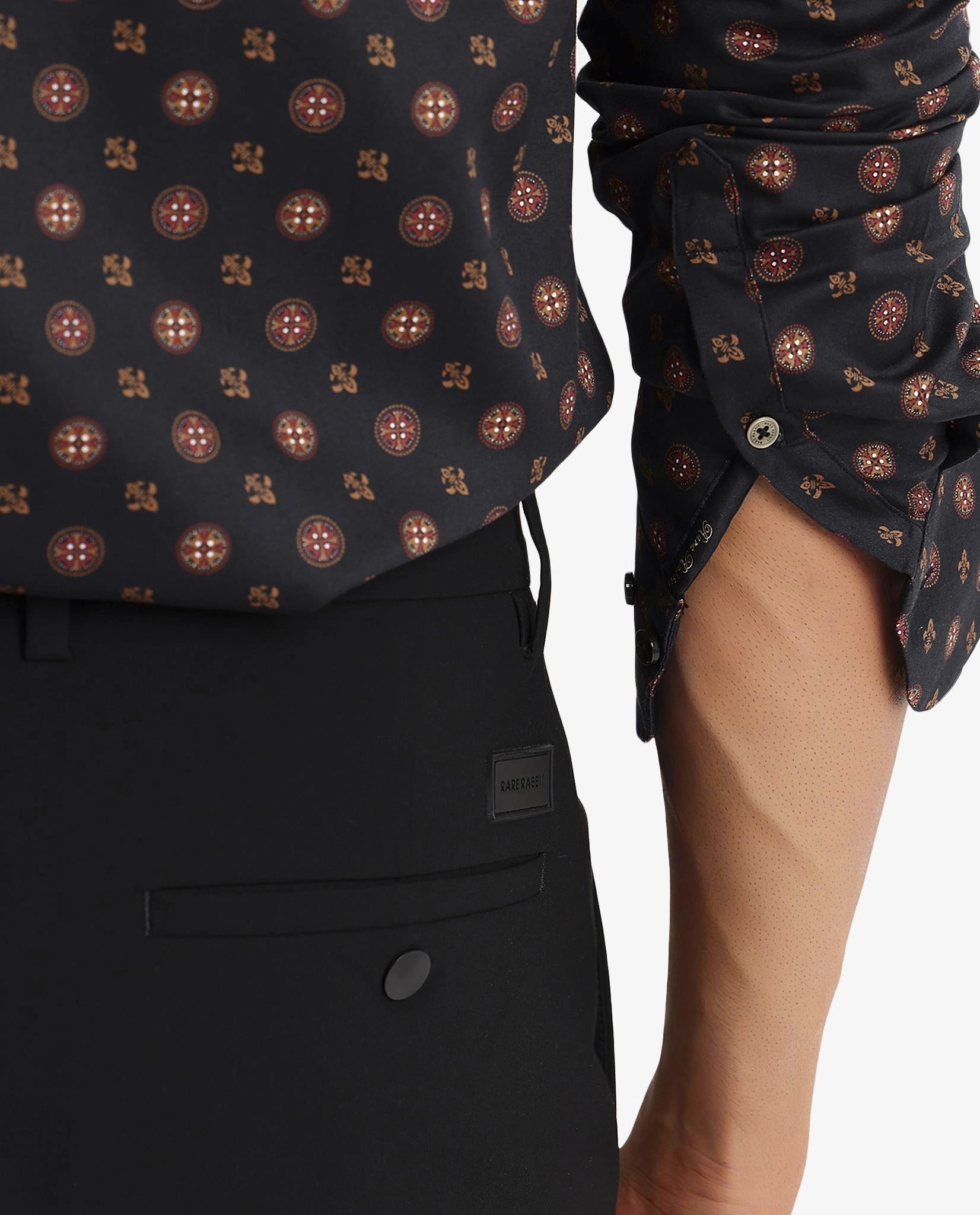 Rare Rabbit Men's Freya Black Modal Fabric Full Sleeves Geometric Print Shirt