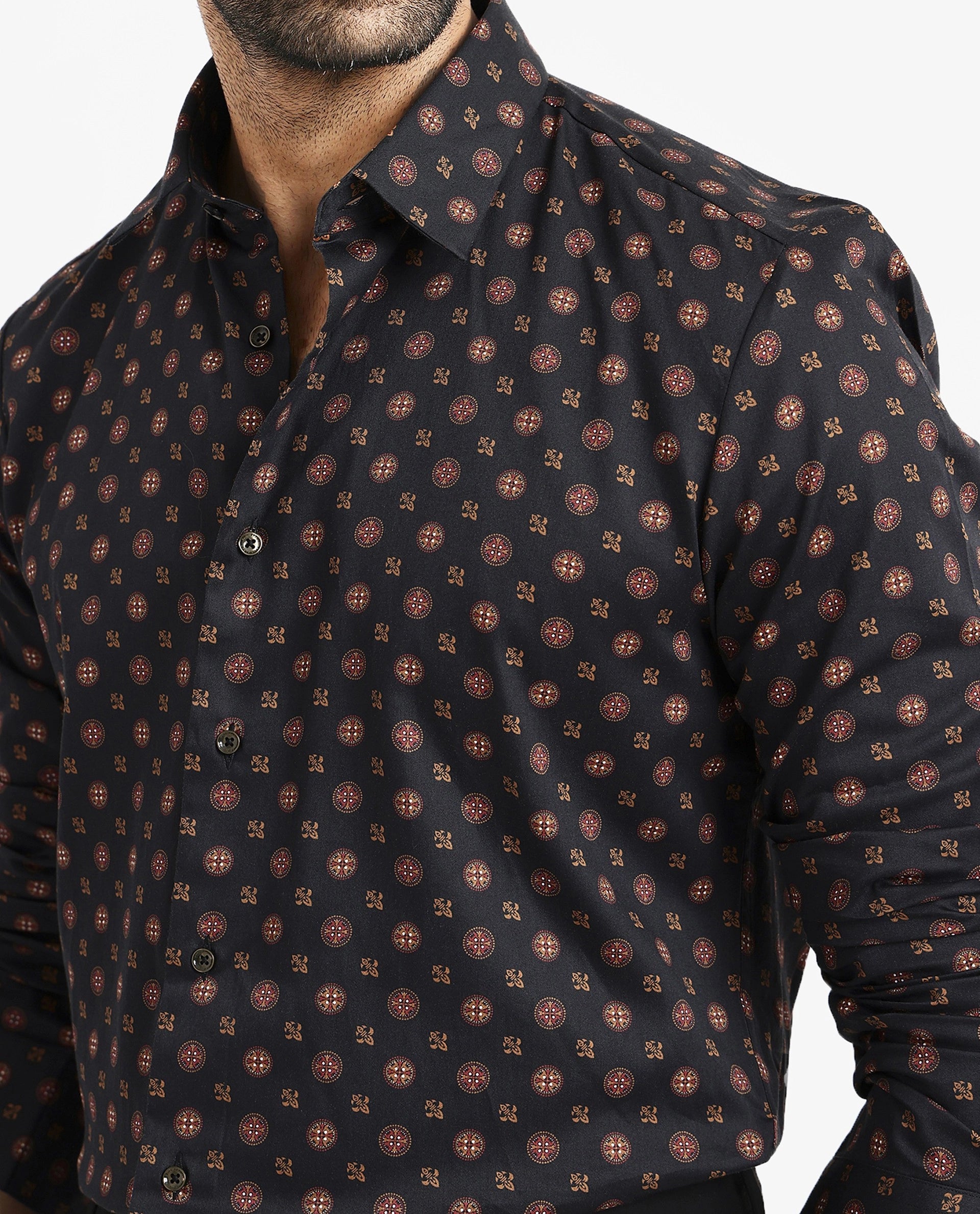 Rare Rabbit Men's Freya Black Modal Fabric Full Sleeves Geometric Print Shirt