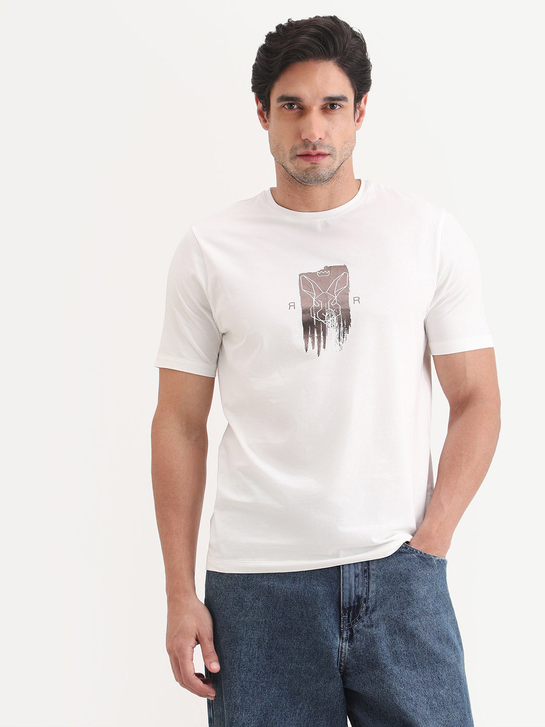 Rare Rabbit Men's Friend Off White Cotton Blend Fabric Half Sleeve Crew Neck Regular Fit Graphic Print T-Shirt